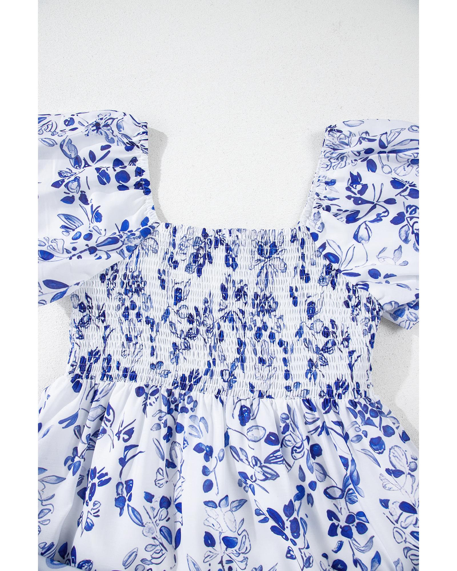 Sky Blue Floral Print Square Neck Bubble Sleeve High Waist Maxi Dress - M 6