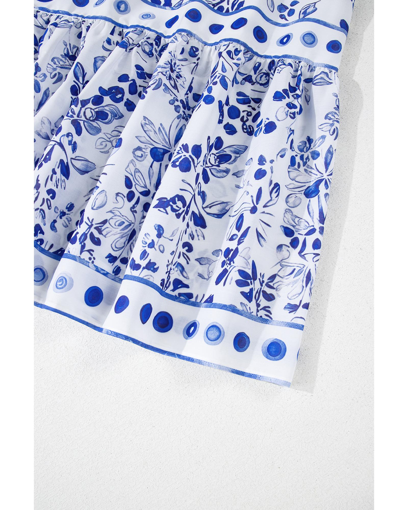 Sky Blue Floral Print Square Neck Bubble Sleeve High Waist Maxi Dress - M 7