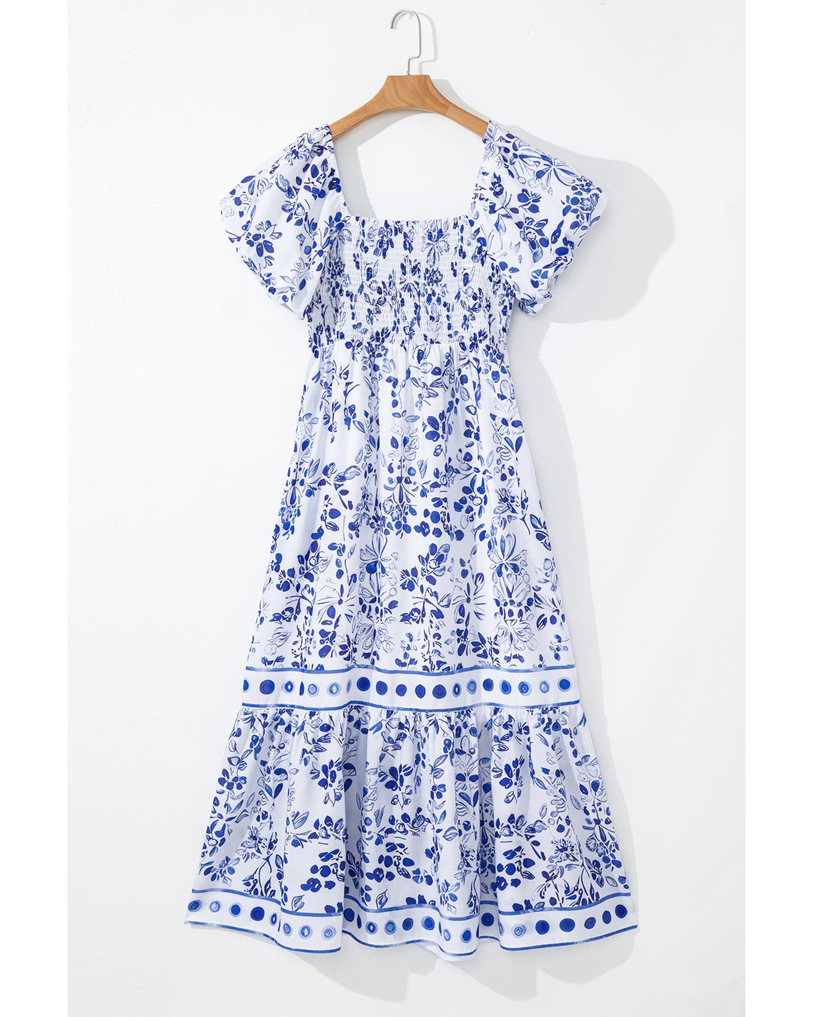 Sky Blue Floral Print Square Neck Bubble Sleeve High Waist Maxi Dress - XL 3