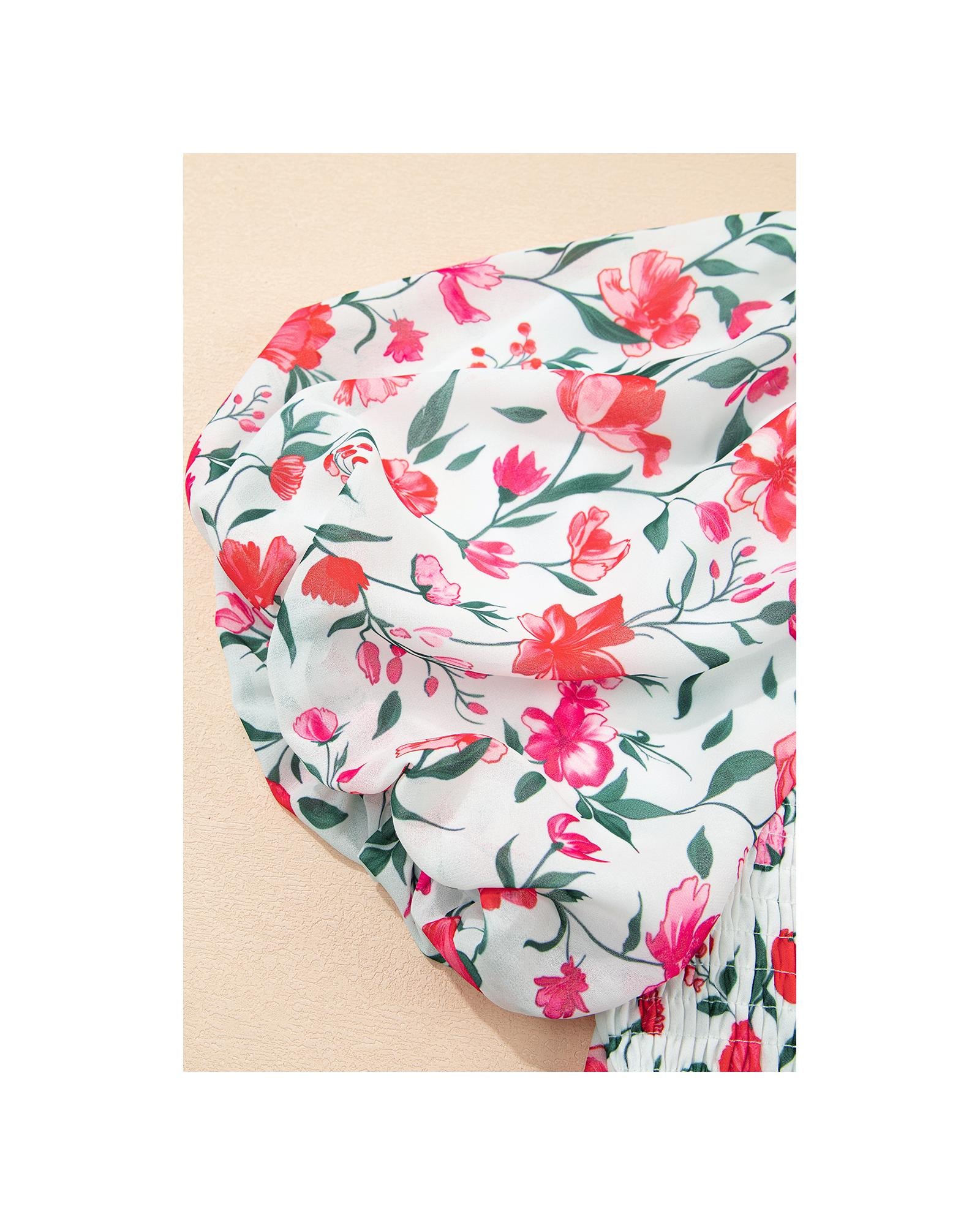 Pink Floral Puff Sleeve Square Neck Empire Waist Tiered Maxi Dress - L 7