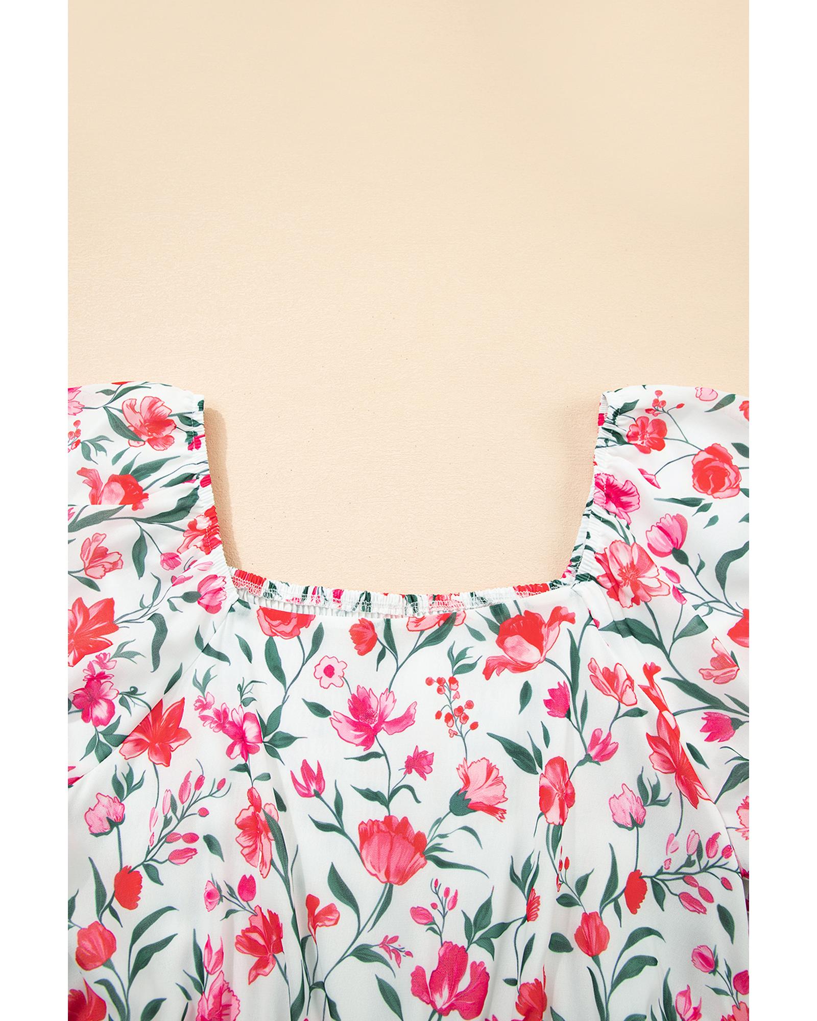 Pink Floral Puff Sleeve Square Neck Empire Waist Tiered Maxi Dress - L 8