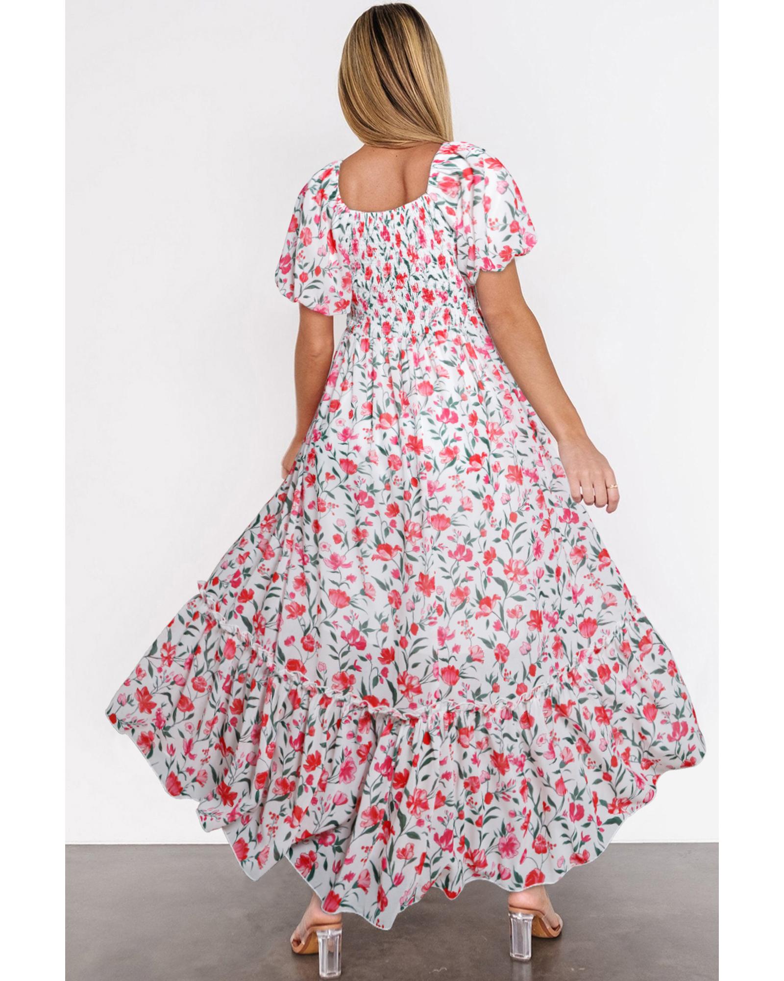 Pink Floral Puff Sleeve Square Neck Empire Waist Tiered Maxi Dress - M