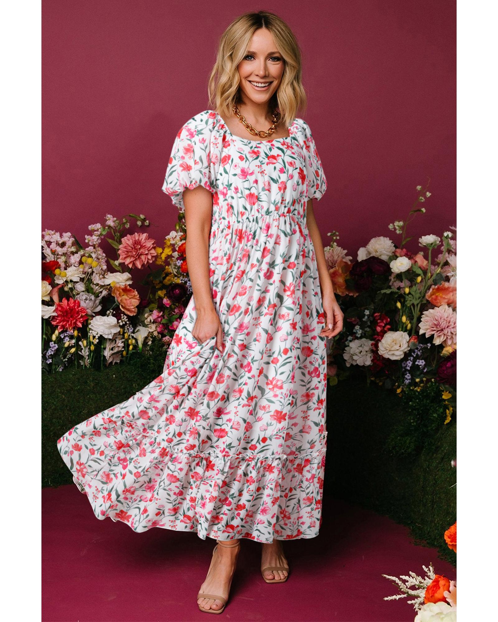 Pink Floral Puff Sleeve Square Neck Empire Waist Tiered Maxi Dress - M 3