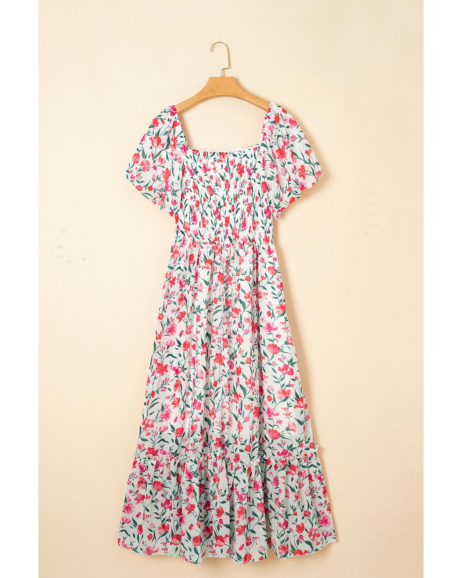 Pink Floral Puff Sleeve Square Neck Empire Waist Tiered Maxi Dress - M 4