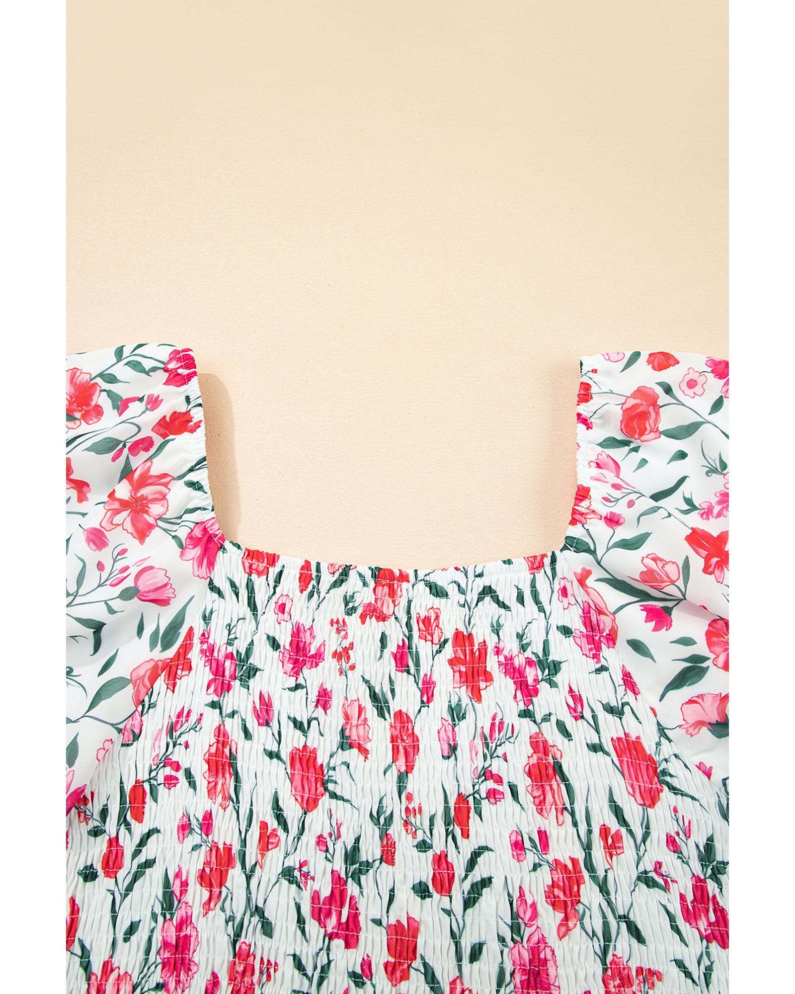 Pink Floral Puff Sleeve Square Neck Empire Waist Tiered Maxi Dress - M 5