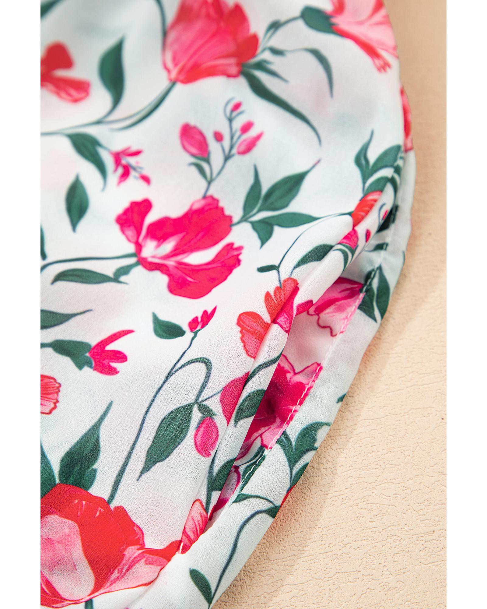 Pink Floral Puff Sleeve Square Neck Empire Waist Tiered Maxi Dress - S 6