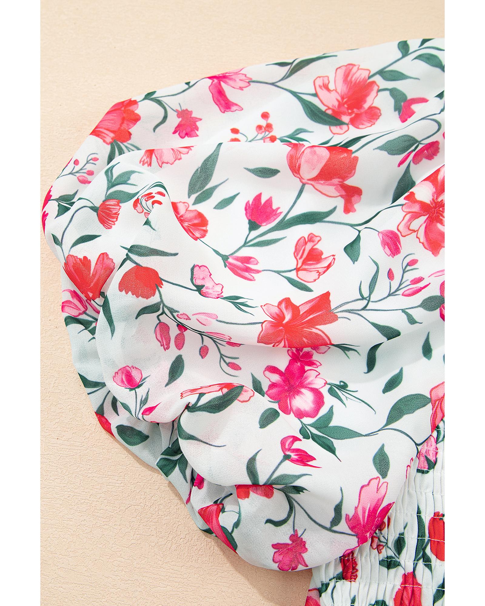 Pink Floral Puff Sleeve Square Neck Empire Waist Tiered Maxi Dress - S 7