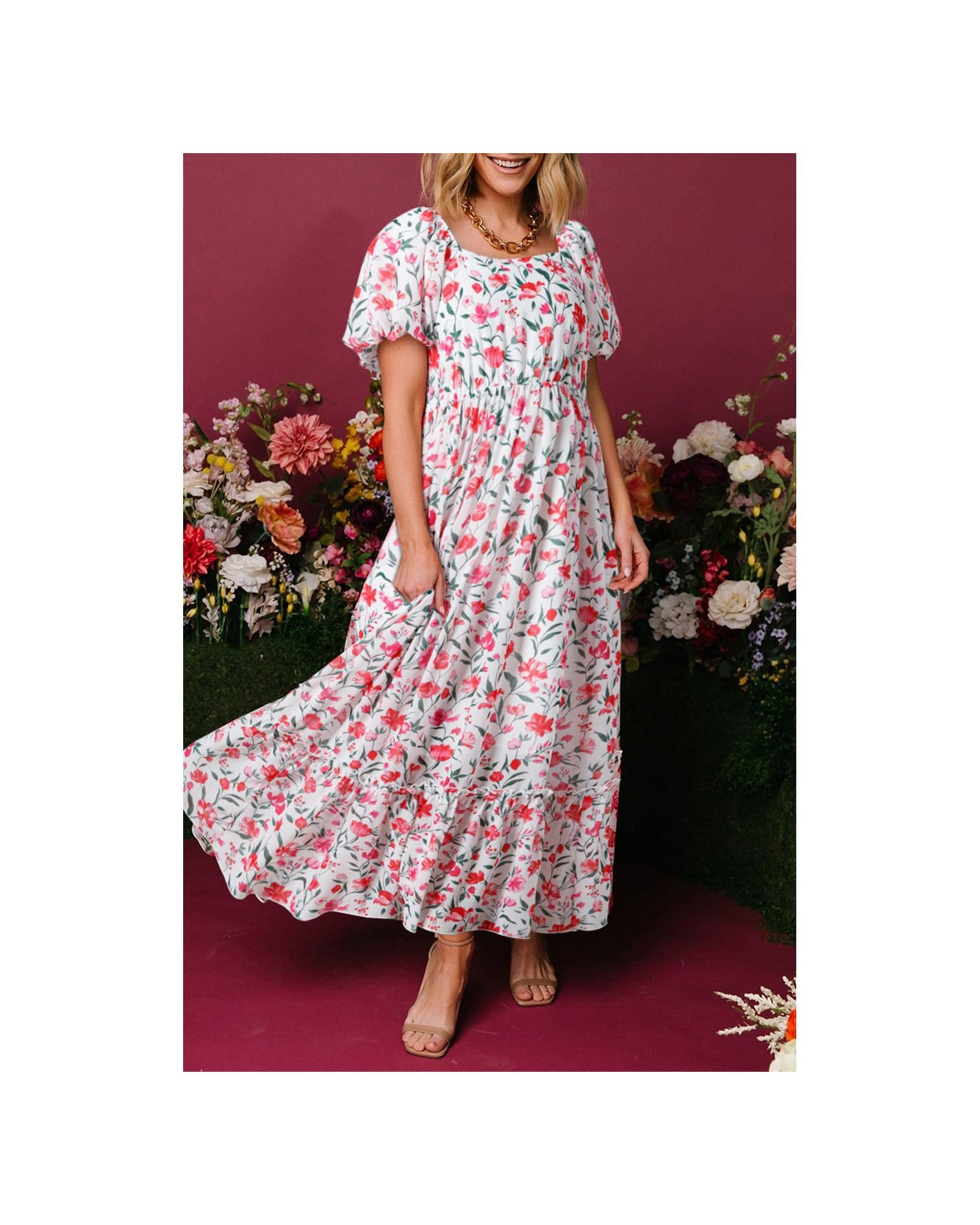 Pink Floral Puff Sleeve Square Neck Empire Waist Tiered Maxi Dress - XL