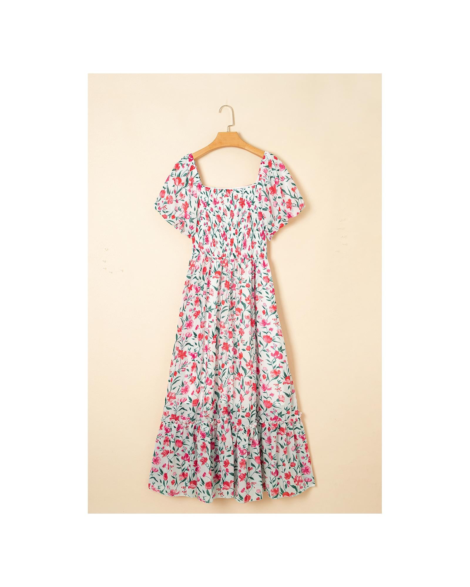 Pink Floral Puff Sleeve Square Neck Empire Waist Tiered Maxi Dress - XL 4