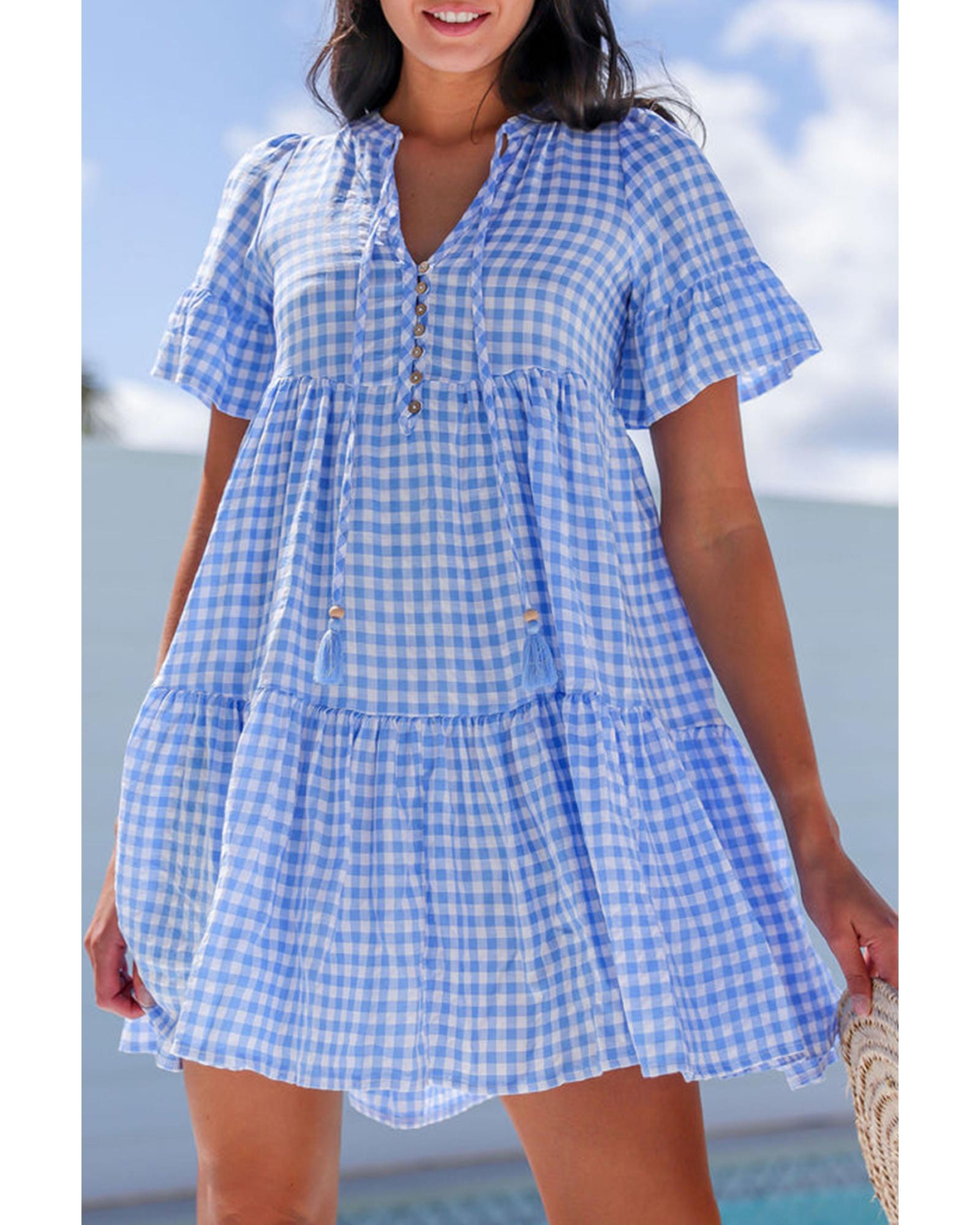 Sky Blue Gingham Short Sleeve Button Tie Split Neck Loose Mini Dress - L