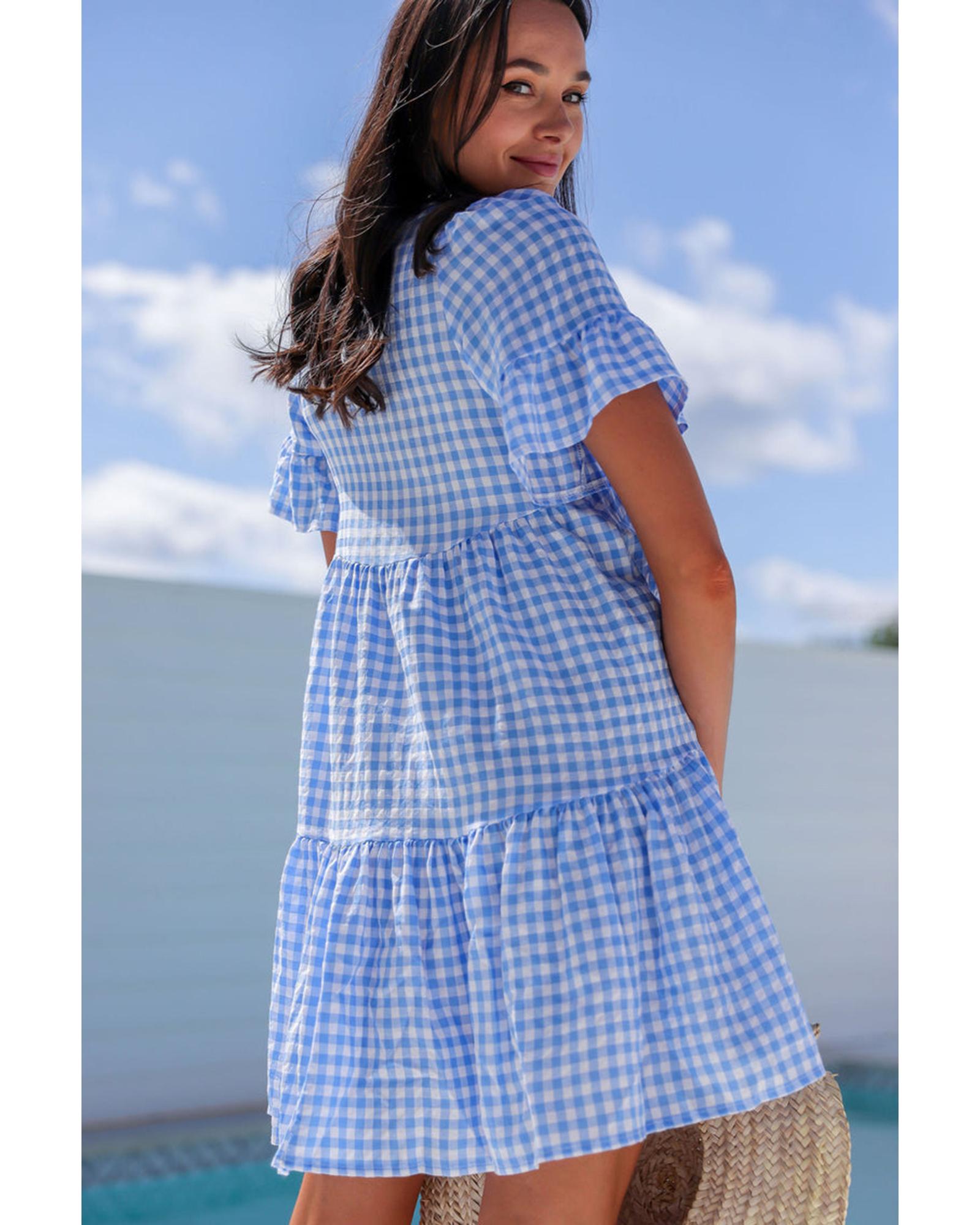 Sky Blue Gingham Short Sleeve Button Tie Split Neck Loose Mini Dress - L