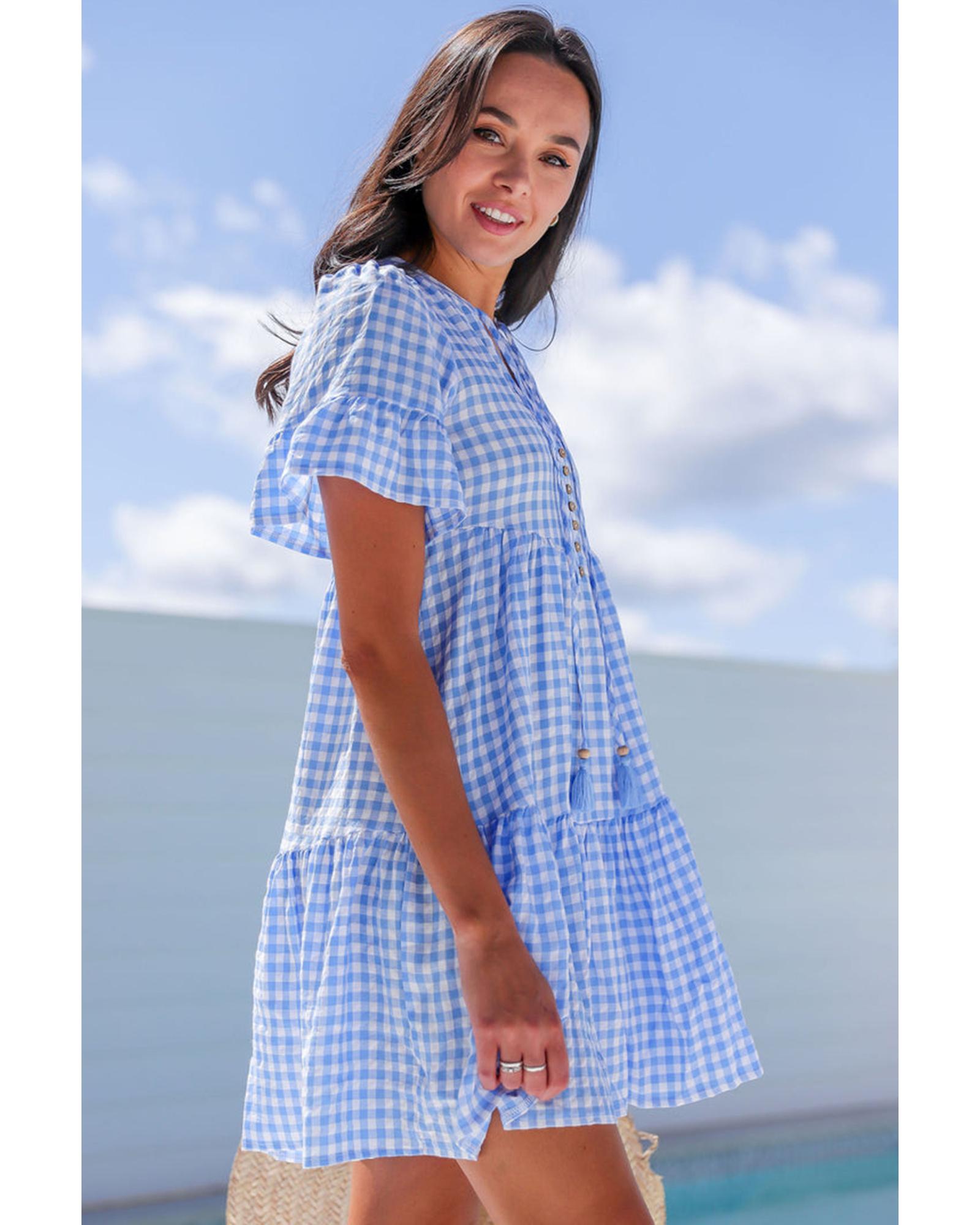 Sky Blue Gingham Short Sleeve Button Tie Split Neck Loose Mini Dress - L 3