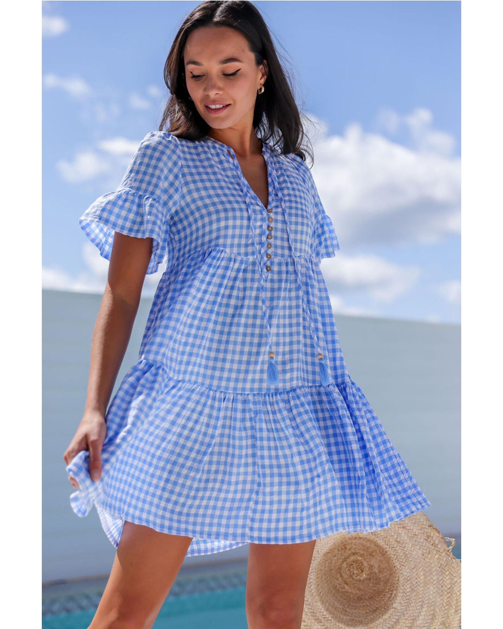 Sky Blue Gingham Short Sleeve Button Tie Split Neck Loose Mini Dress - L 4