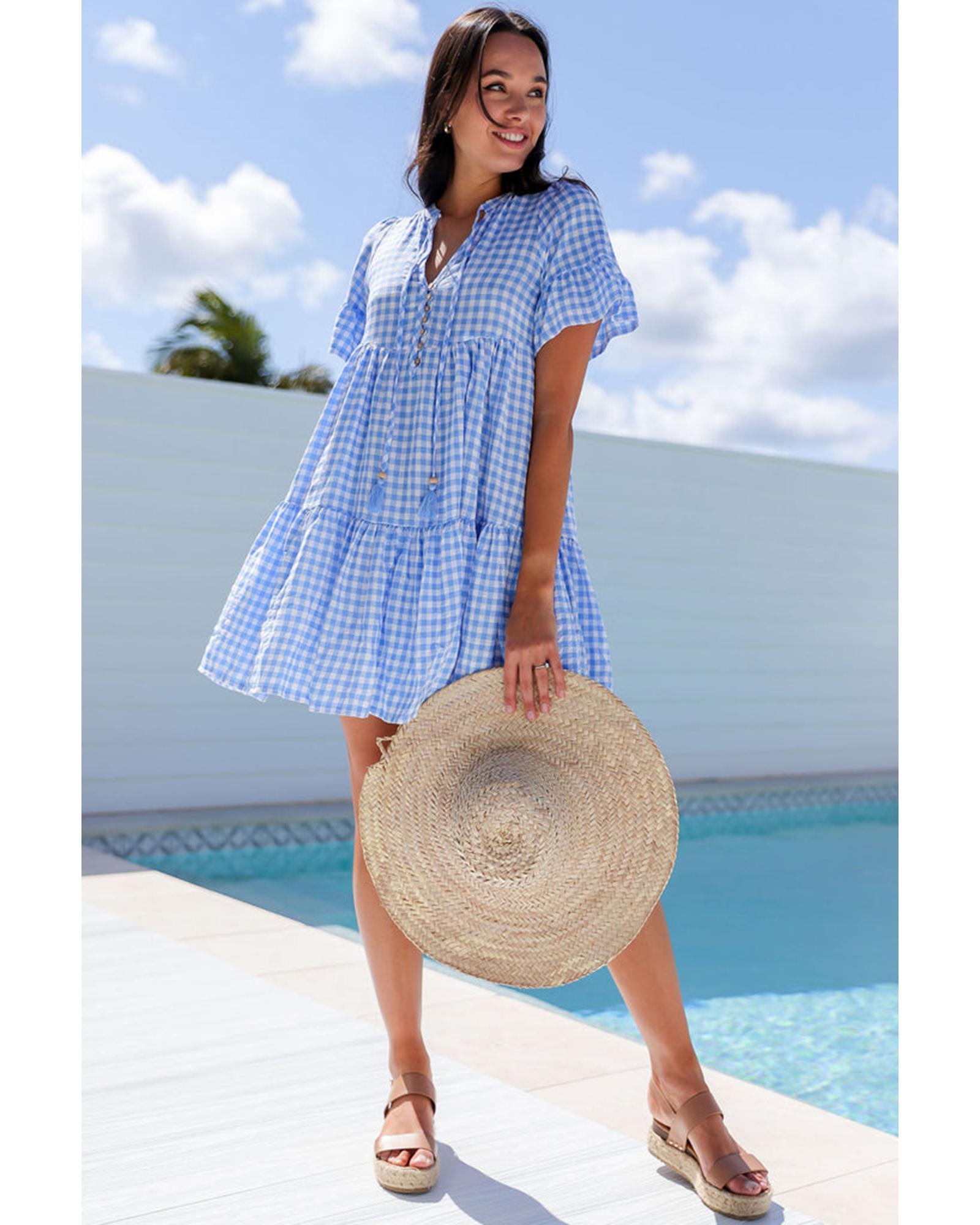 Sky Blue Gingham Short Sleeve Button Tie Split Neck Loose Mini Dress - L 5