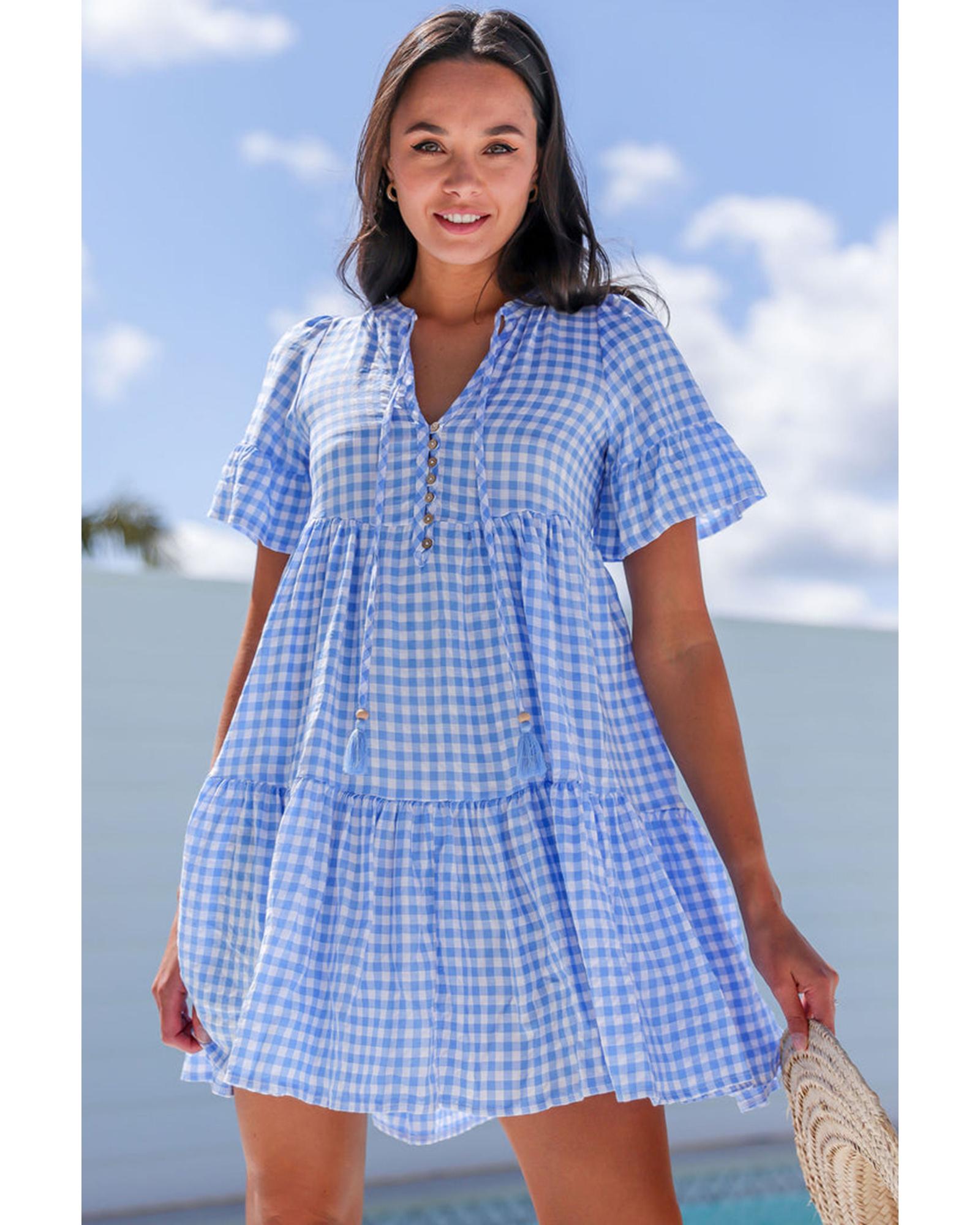 Sky Blue Gingham Short Sleeve Button Tie Split Neck Loose Mini Dress - L 6