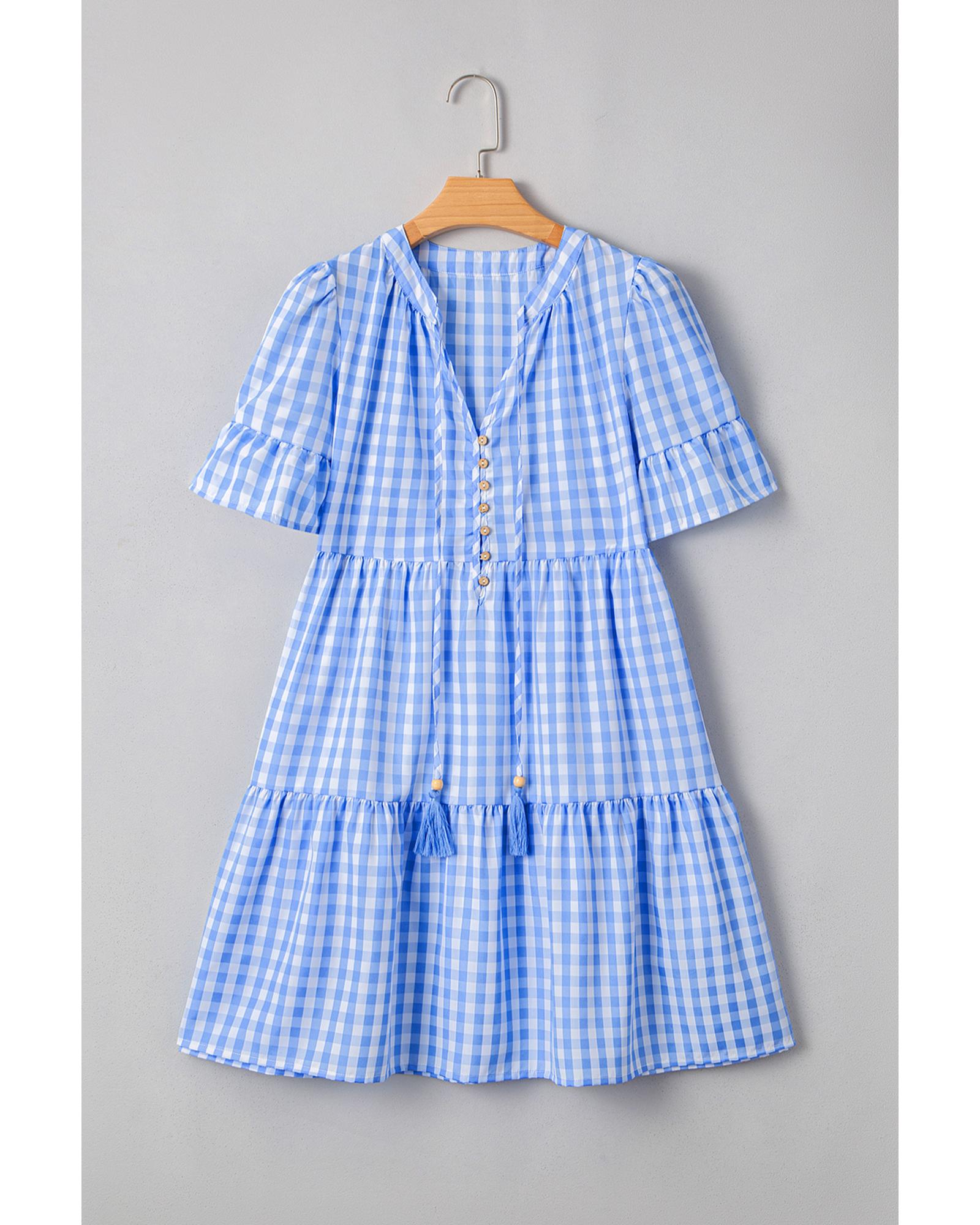 Sky Blue Gingham Short Sleeve Button Tie Split Neck Loose Mini Dress - L 7