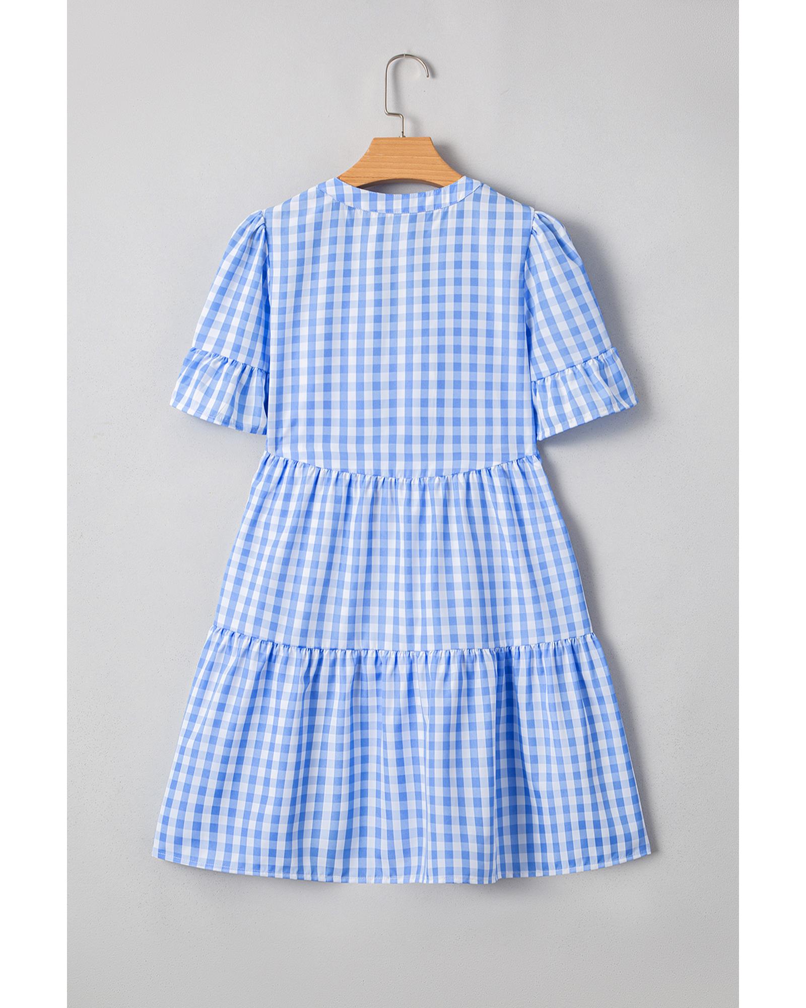 Sky Blue Gingham Short Sleeve Button Tie Split Neck Loose Mini Dress - L 8