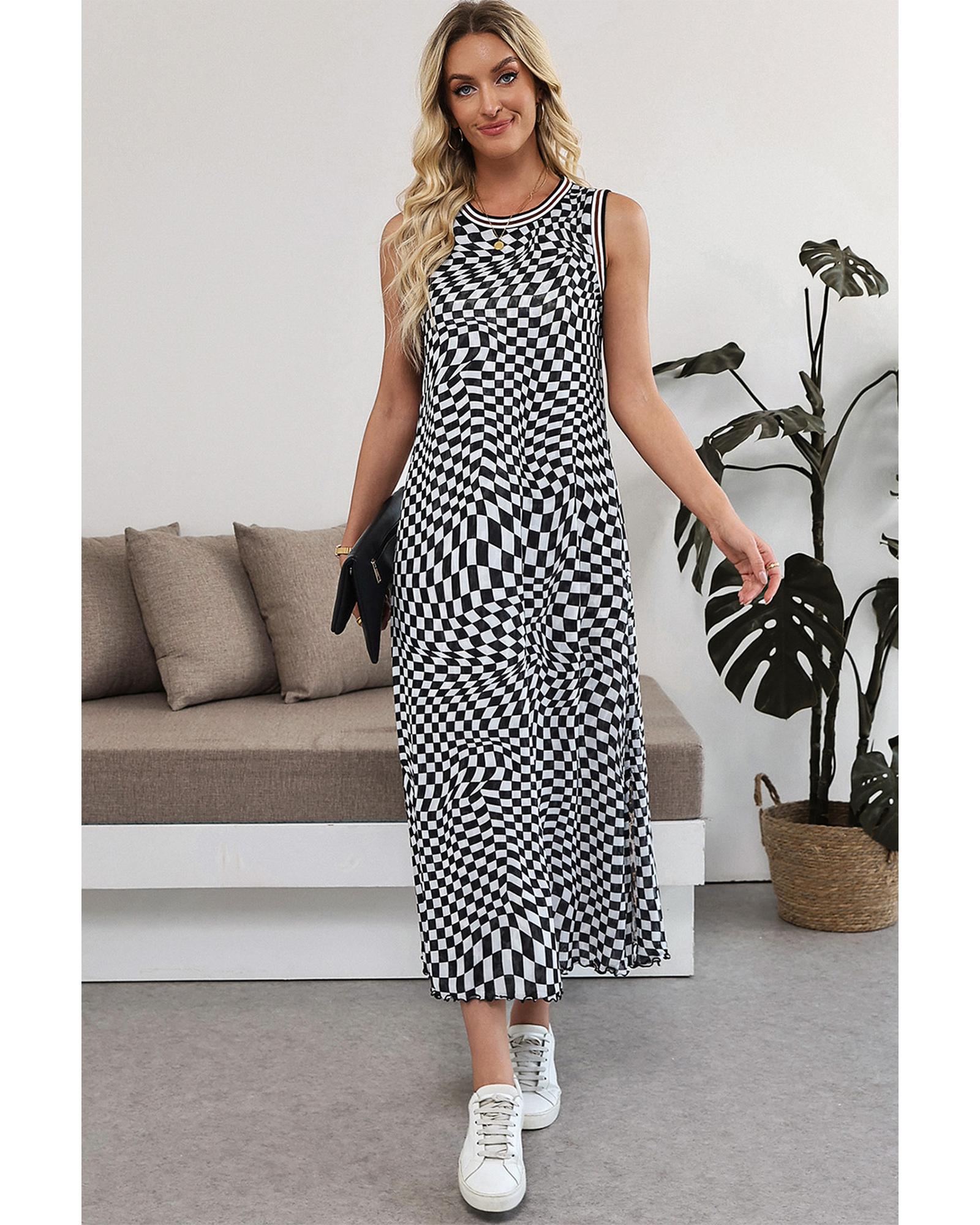 Multicolour Leopard Checkered Double Printed Reversible Sleeveless Long Dress - S