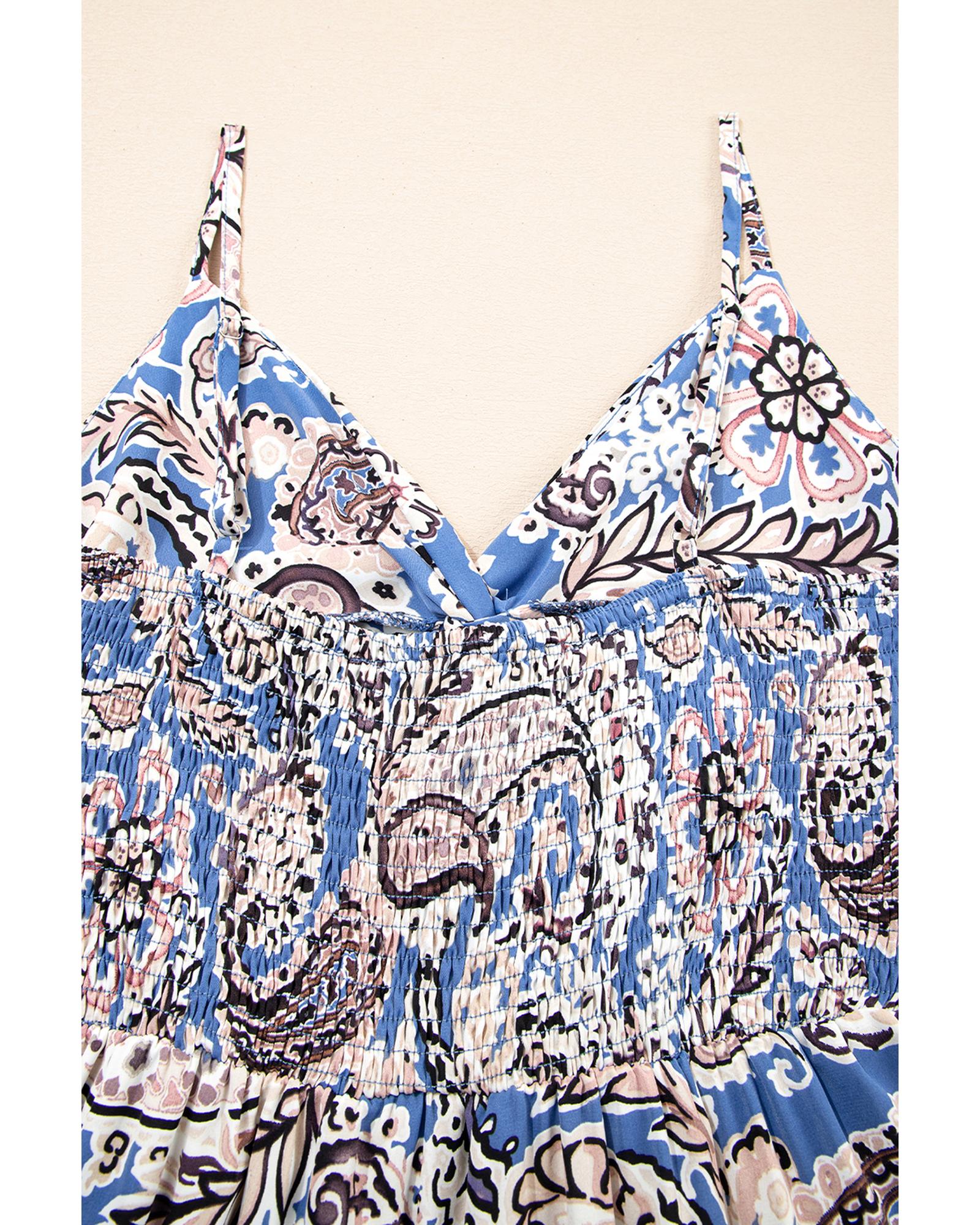 Blue Paisley Print Twist Detail Smocked Back Spaghetti Straps Long Dress - L 5
