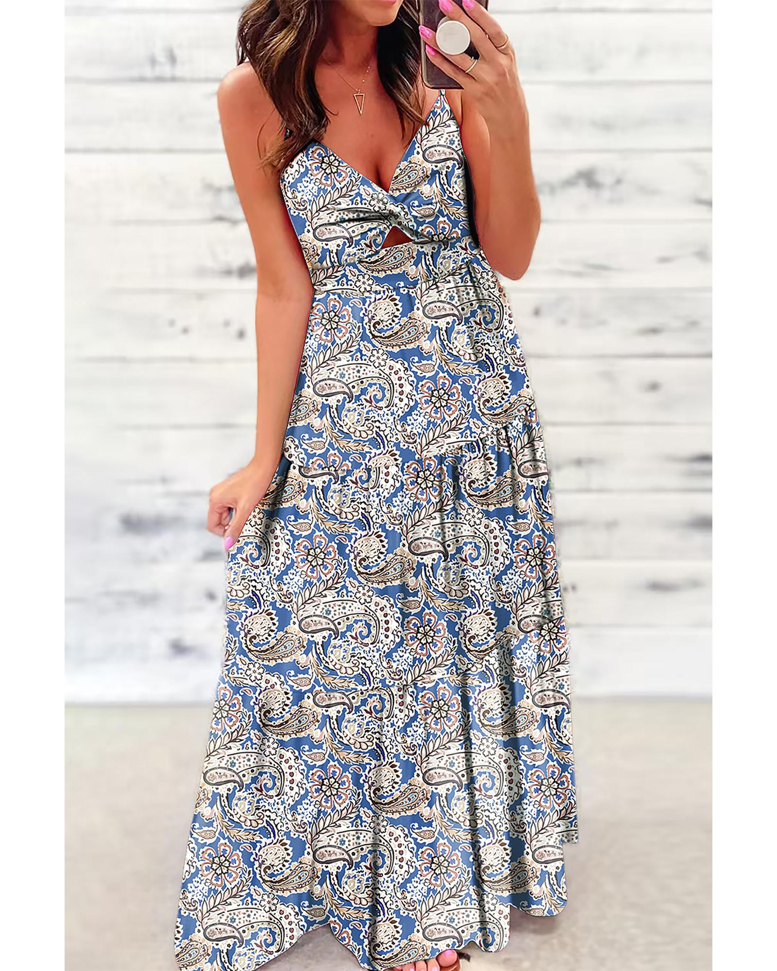 Blue Paisley Print Twist Detail Smocked Back Spaghetti Straps Long Dress - M