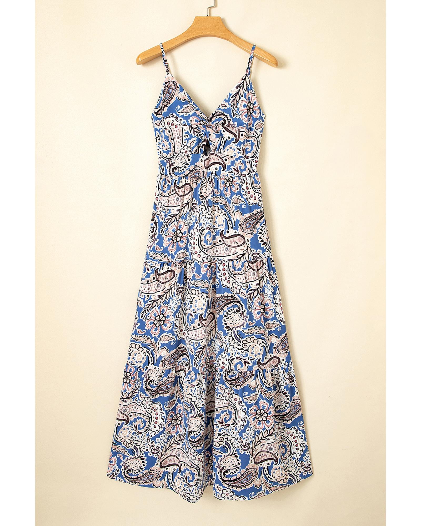 Blue Paisley Print Twist Detail Smocked Back Spaghetti Straps Long Dress - M