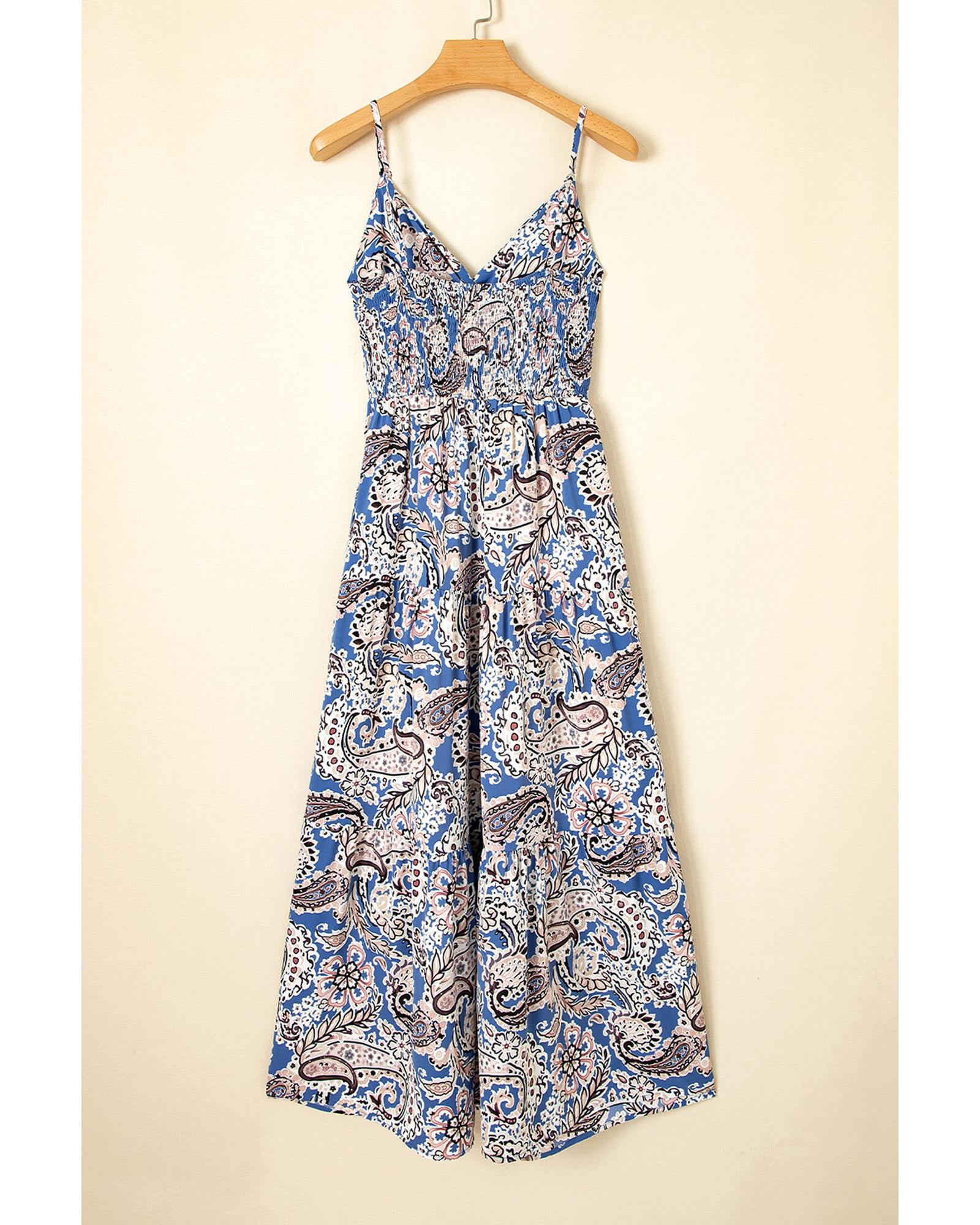 Blue Paisley Print Twist Detail Smocked Back Spaghetti Straps Long Dress - M 3