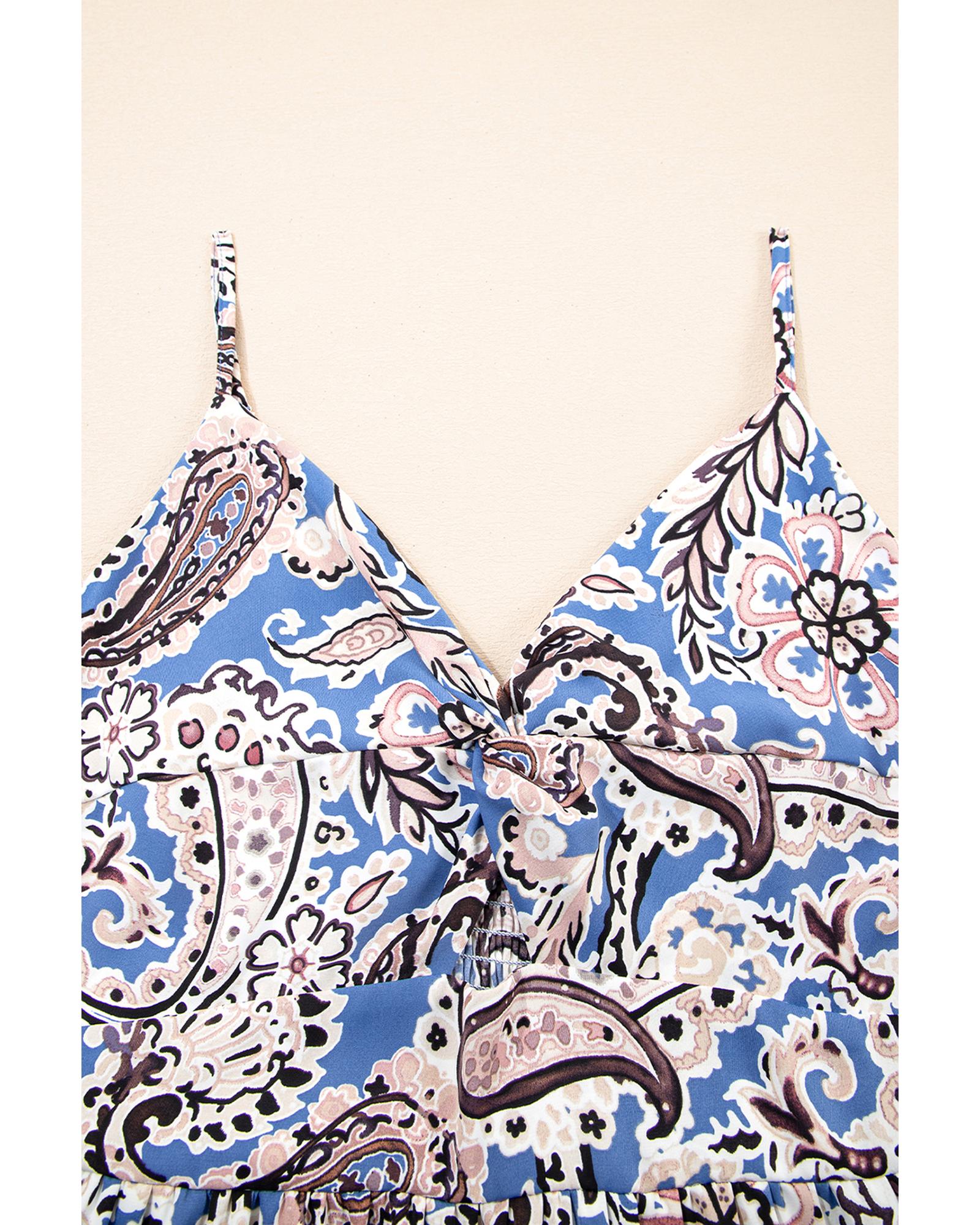 Blue Paisley Print Twist Detail Smocked Back Spaghetti Straps Long Dress - M 4