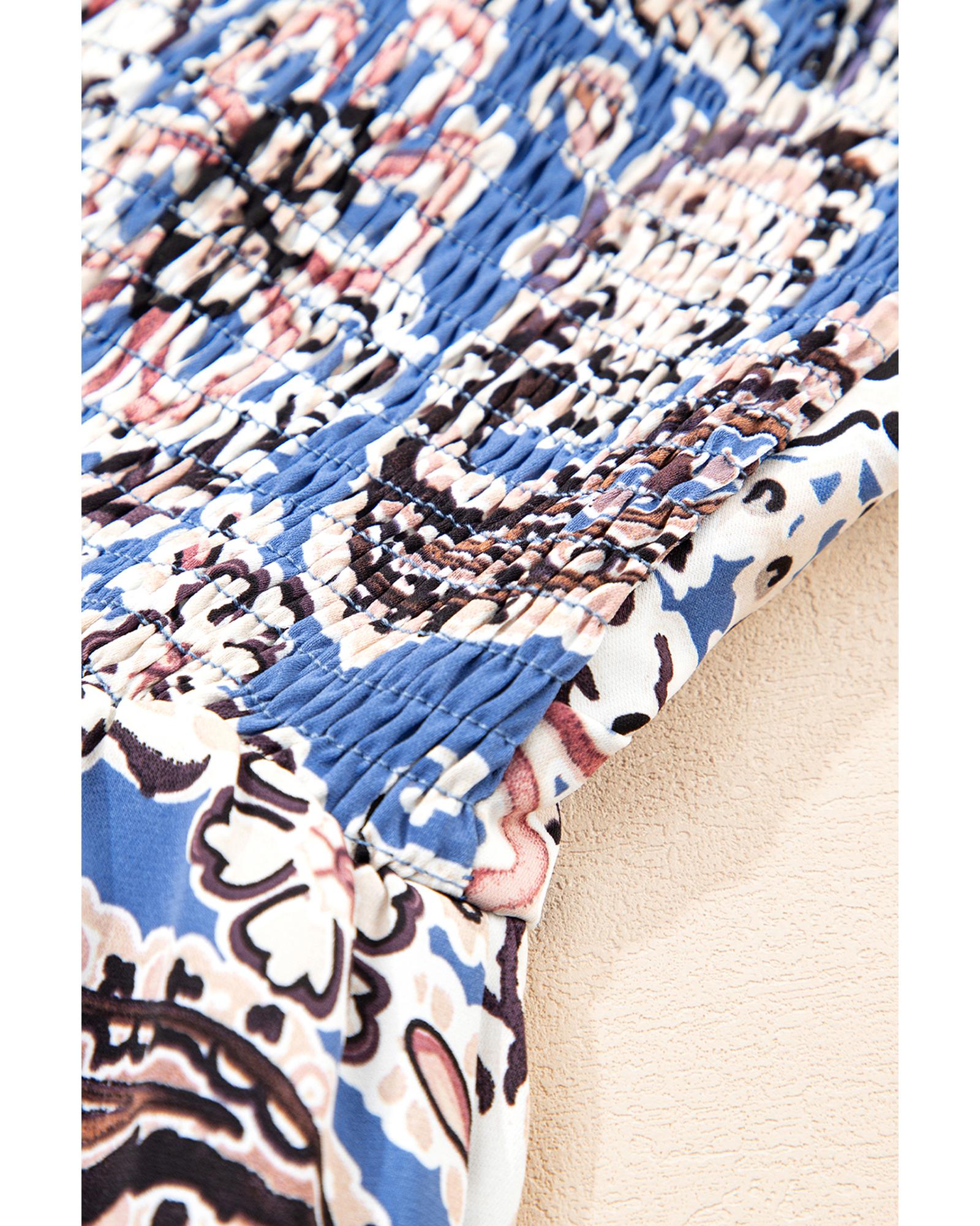 Blue Paisley Print Twist Detail Smocked Back Spaghetti Straps Long Dress - XL 6