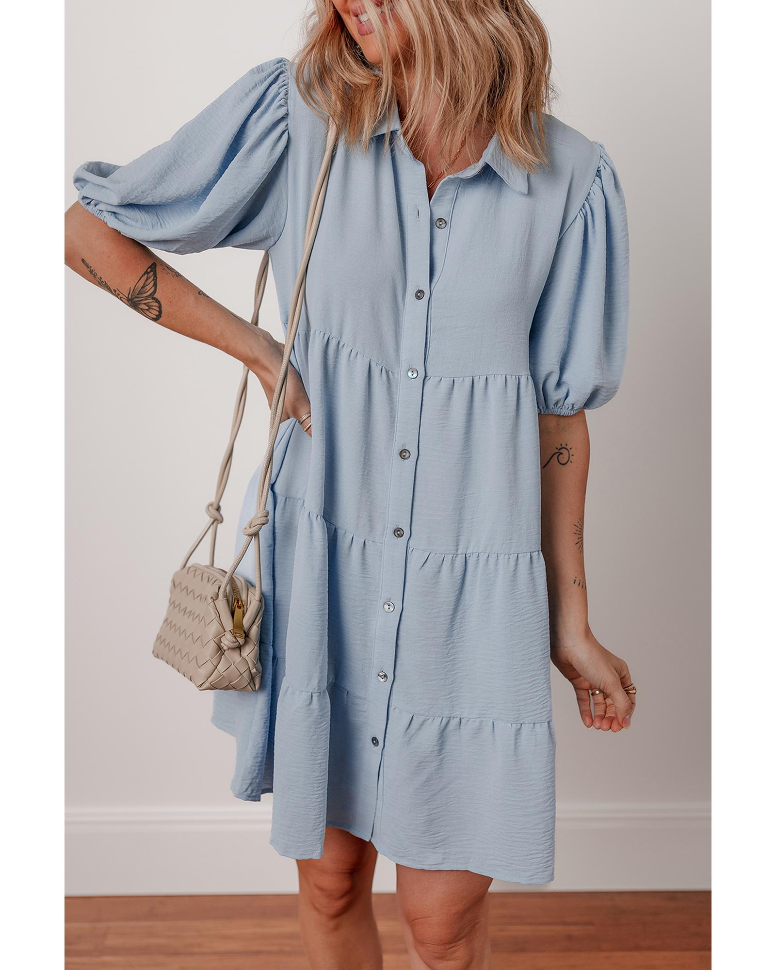 Beau Blue Shirt Collar Button Up Short Puff Sleeve Tiered Shift Dress - L 3