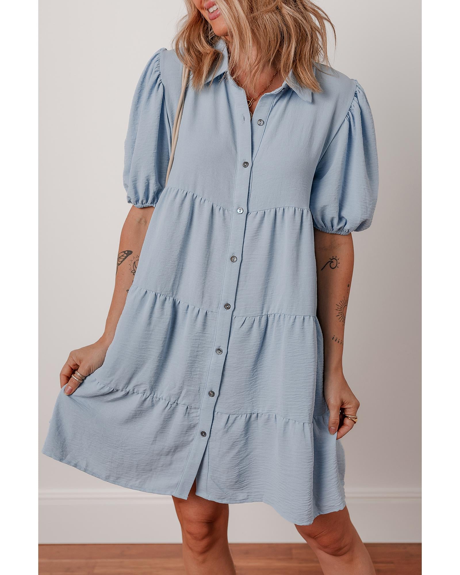 Beau Blue Shirt Collar Button Up Short Puff Sleeve Tiered Shift Dress - L 4