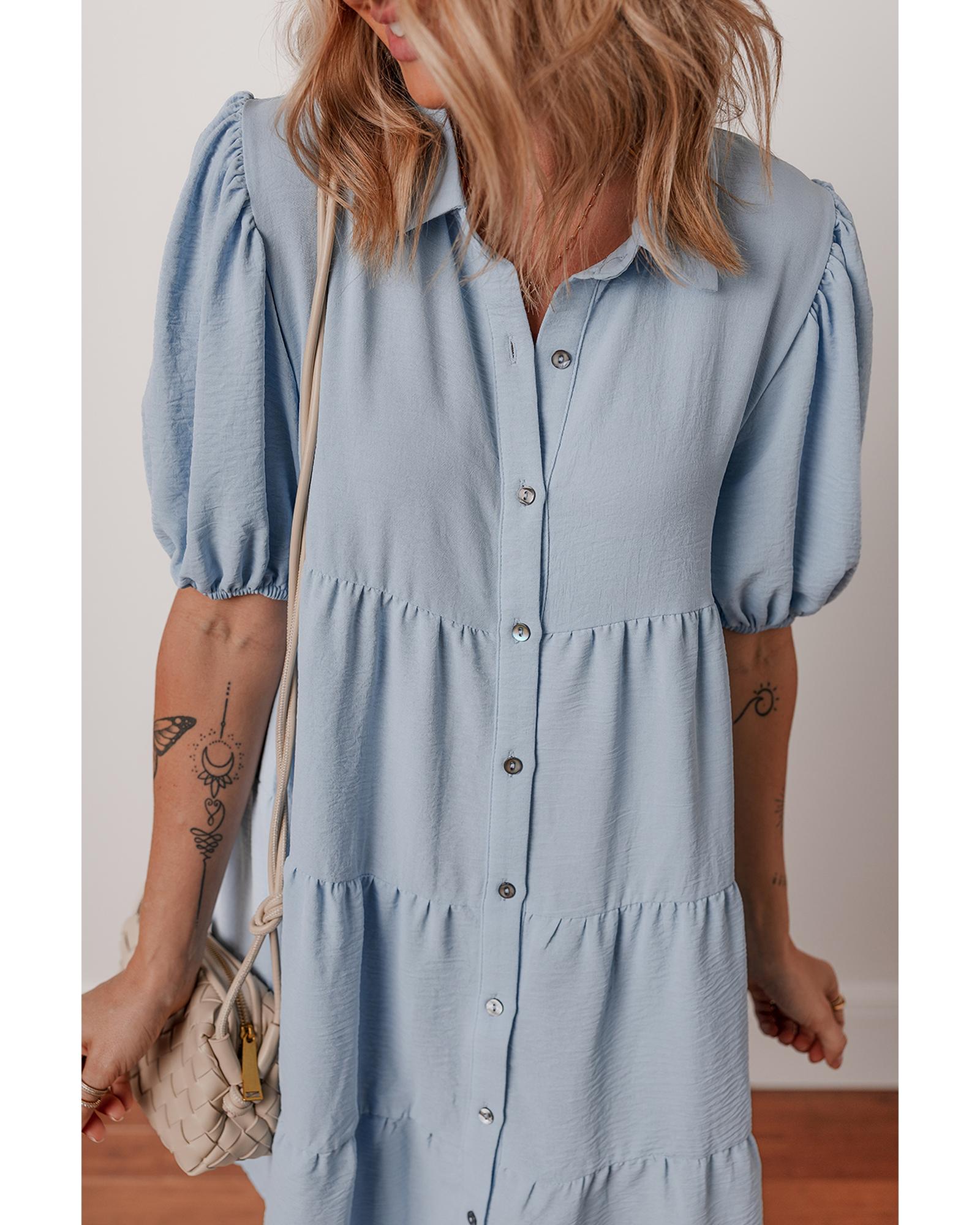 Beau Blue Shirt Collar Button Up Short Puff Sleeve Tiered Shift Dress - L 5