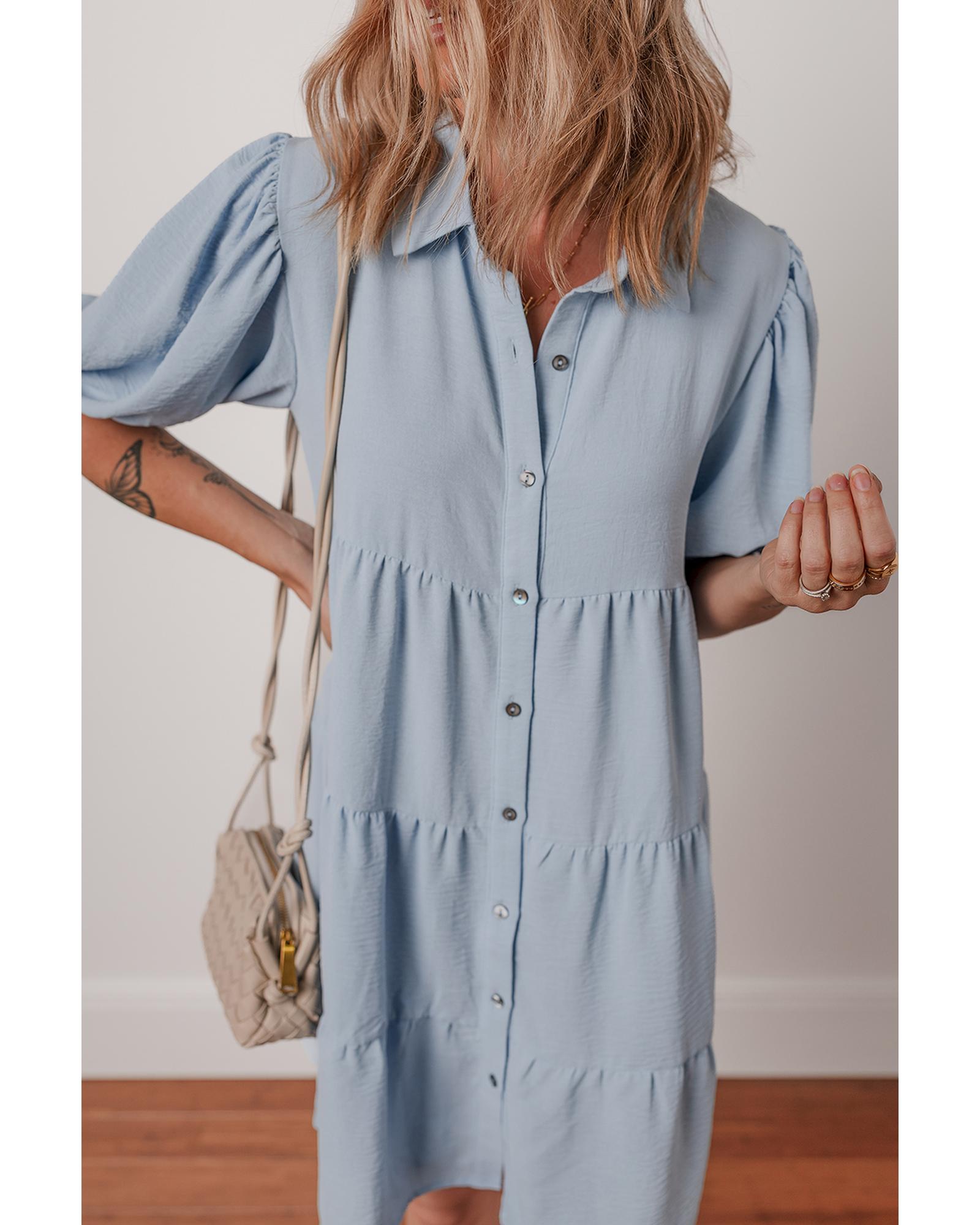 Beau Blue Shirt Collar Button Up Short Puff Sleeve Tiered Shift Dress - XL 6