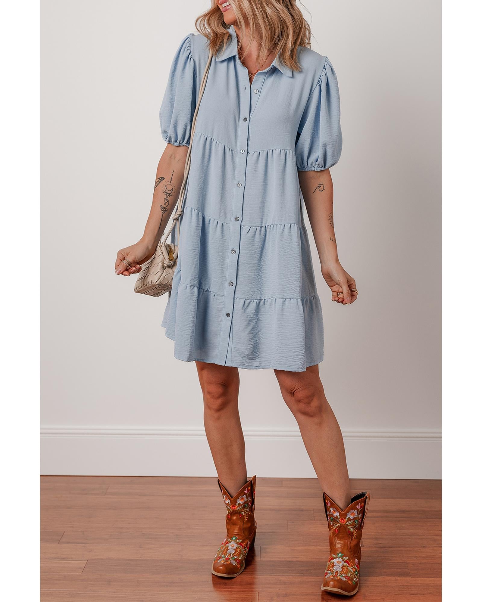 Beau Blue Shirt Collar Button Up Short Puff Sleeve Tiered Shift Dress - XL 7