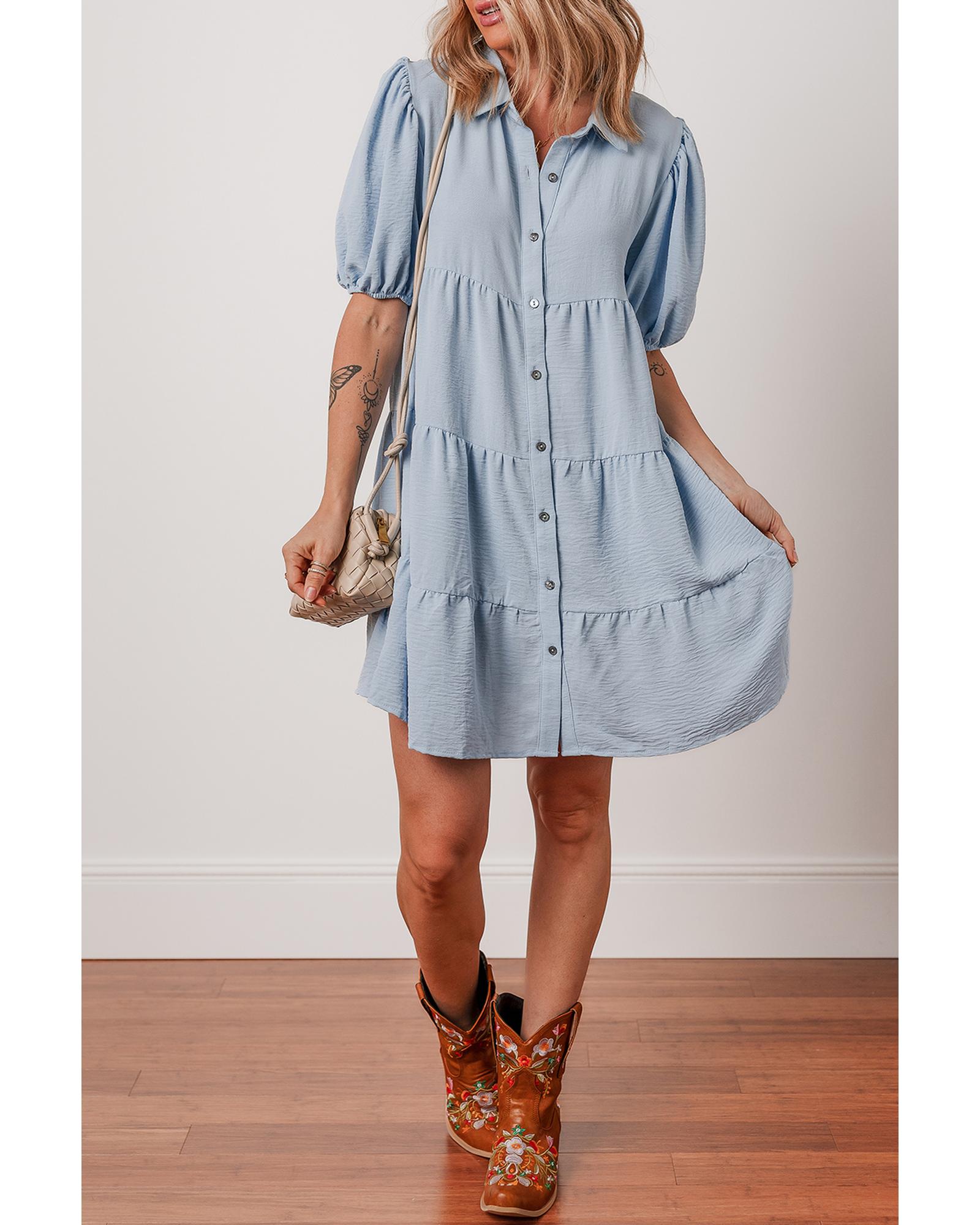 Beau Blue Shirt Collar Button Up Short Puff Sleeve Tiered Shift Dress - XL 8