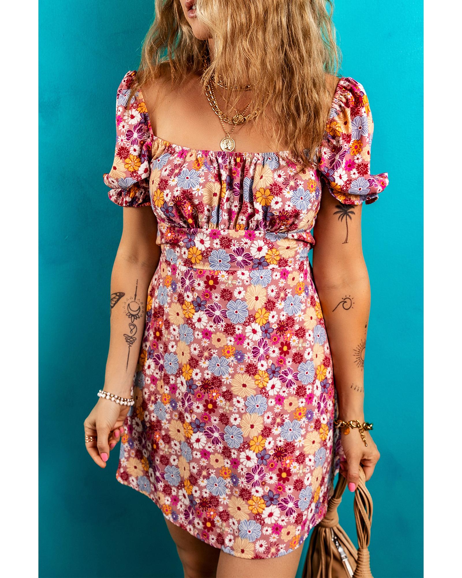 Red Floral Puff Sleeve Square Neck Knot Open Back Mini Dress - M 4