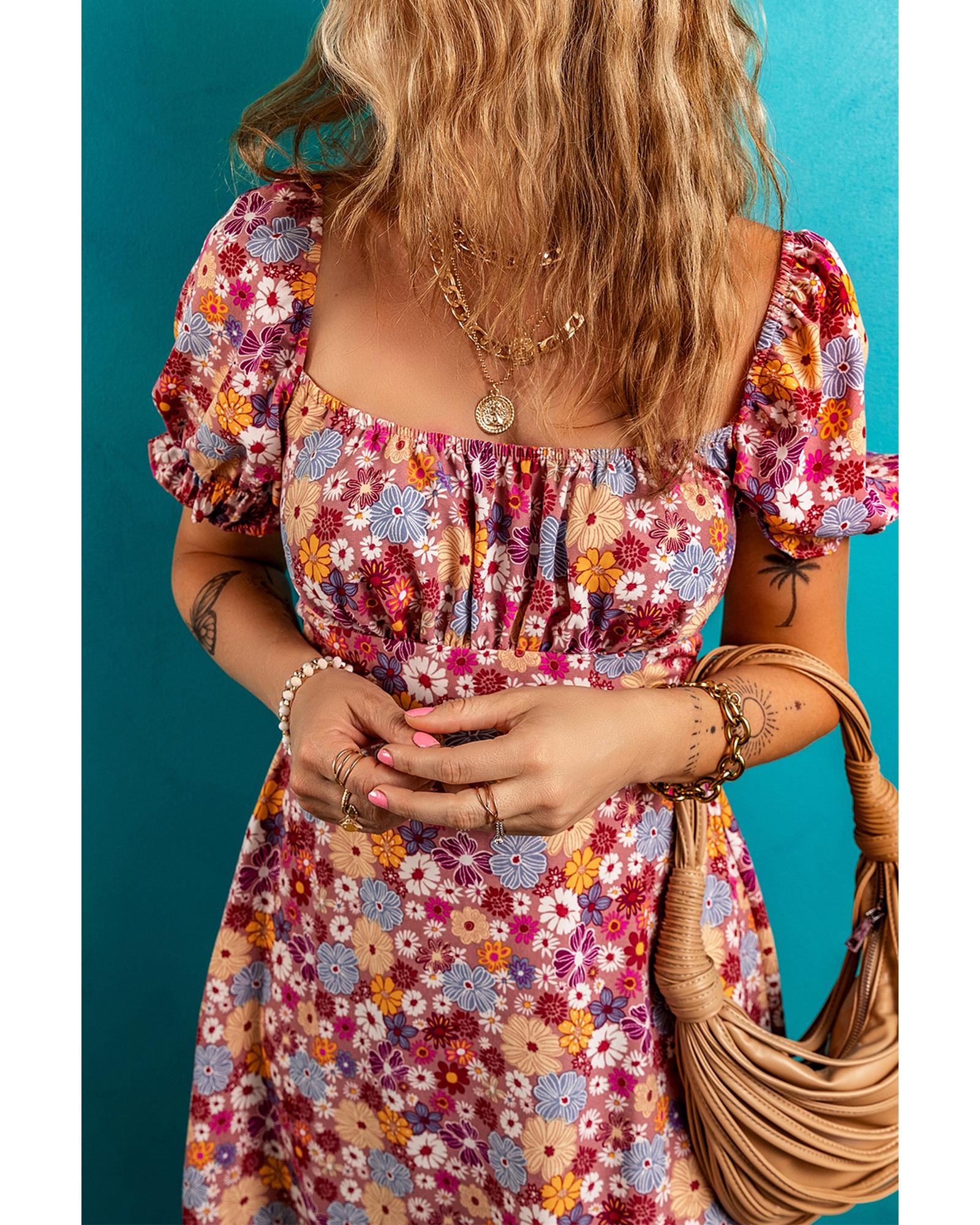 Red Floral Puff Sleeve Square Neck Knot Open Back Mini Dress - M 5