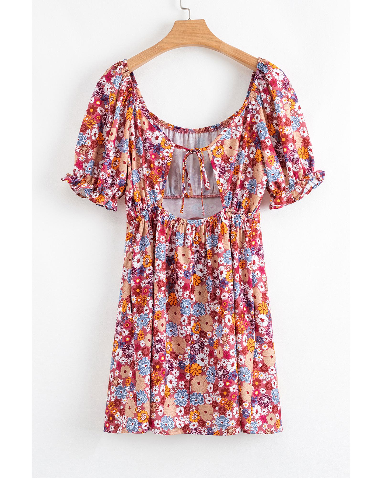 Red Floral Puff Sleeve Square Neck Knot Open Back Mini Dress - M 8