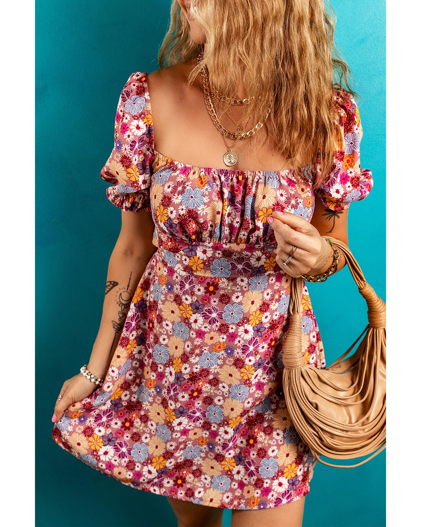 Red Floral Puff Sleeve Square Neck Knot Open Back Mini Dress - S