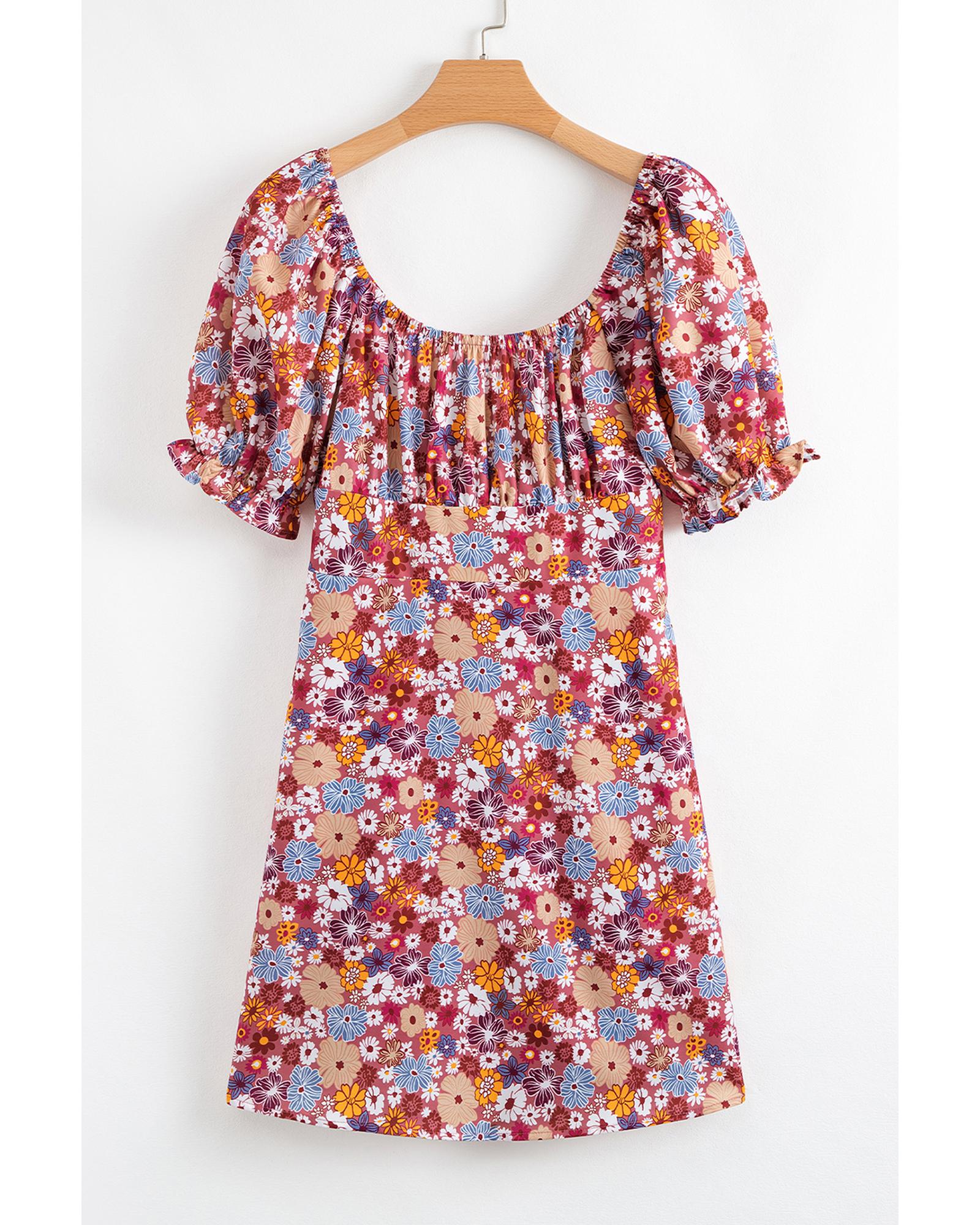 Red Floral Puff Sleeve Square Neck Knot Open Back Mini Dress - XL 7