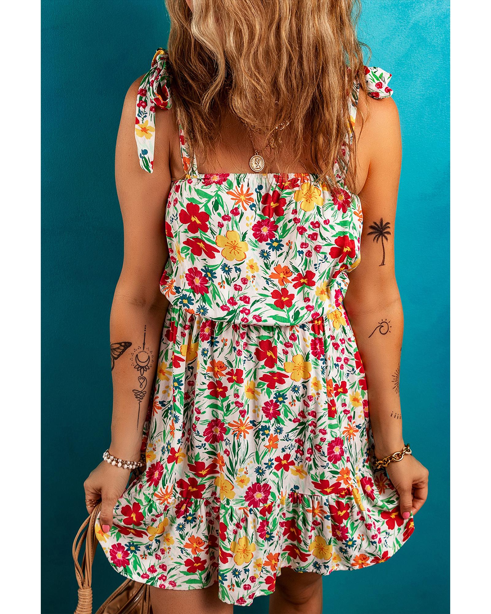 Red Floral Knotted Straps Cinched Waist Ruffle Hem Mini Dress - L