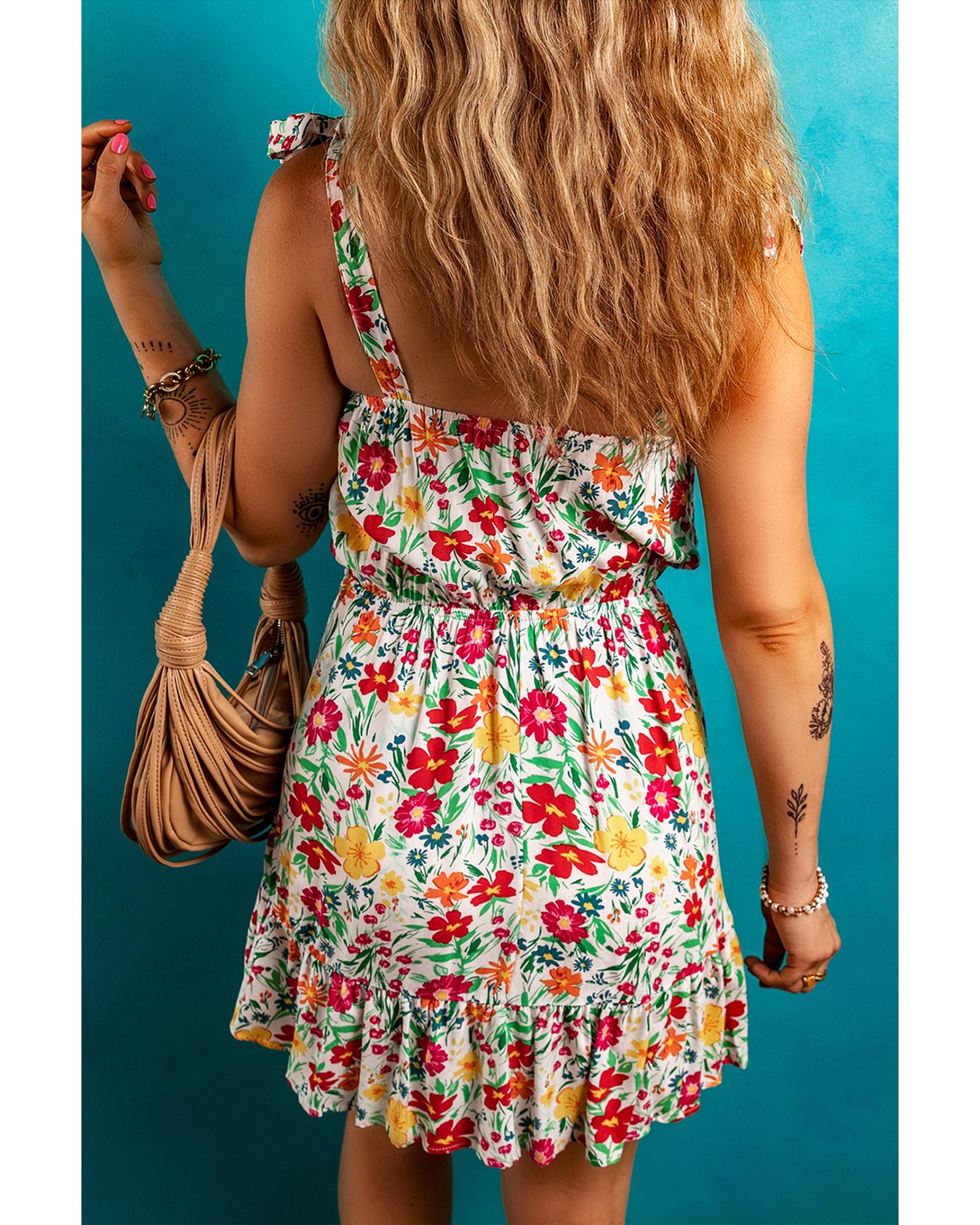 Red Floral Knotted Straps Cinched Waist Ruffle Hem Mini Dress - L