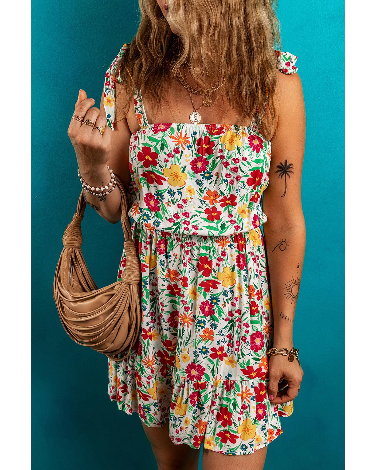 Red Floral Knotted Straps Cinched Waist Ruffle Hem Mini Dress - L 3