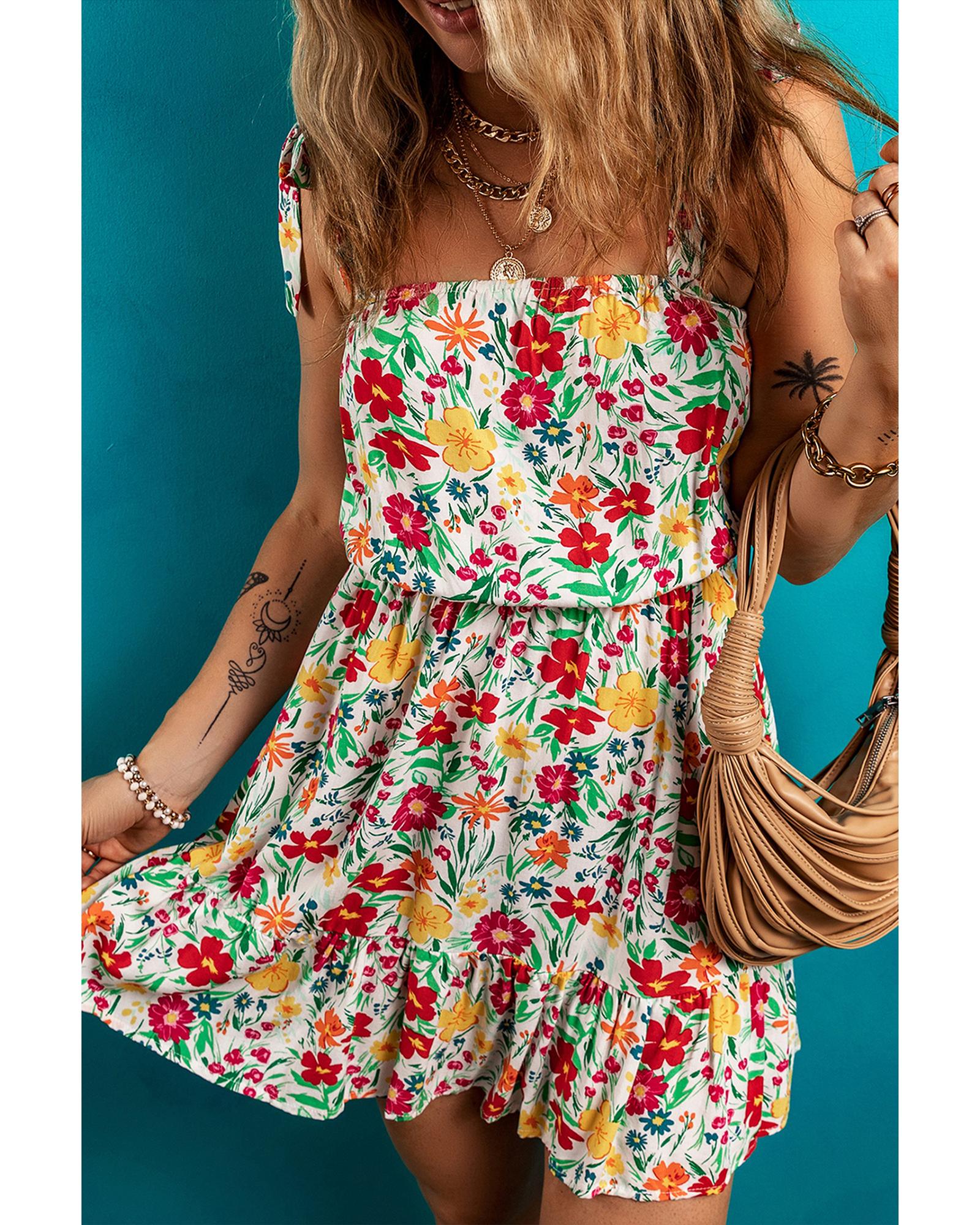 Red Floral Knotted Straps Cinched Waist Ruffle Hem Mini Dress - L 5