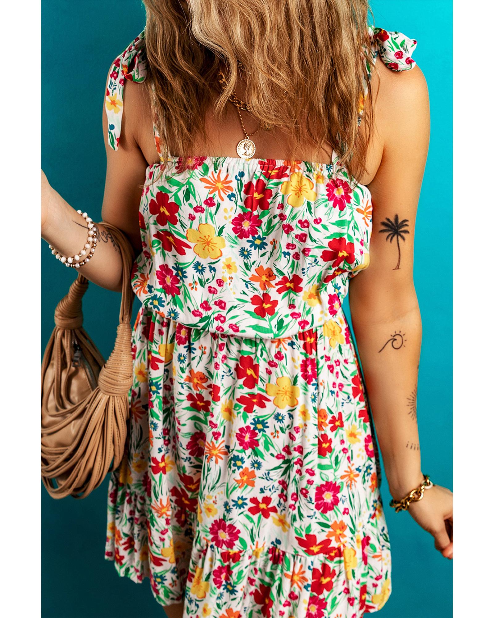 Red Floral Knotted Straps Cinched Waist Ruffle Hem Mini Dress - M 4