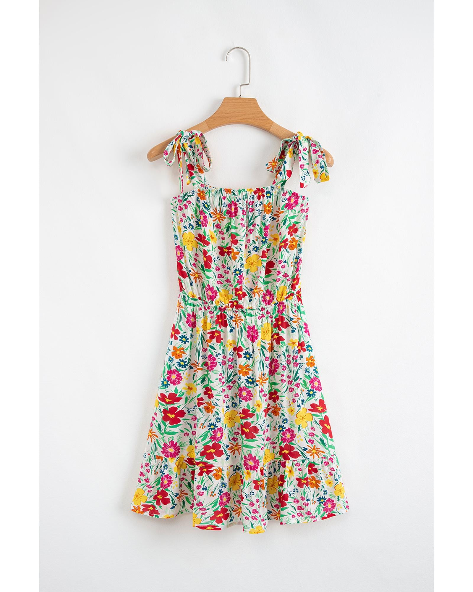 Red Floral Knotted Straps Cinched Waist Ruffle Hem Mini Dress - M 6