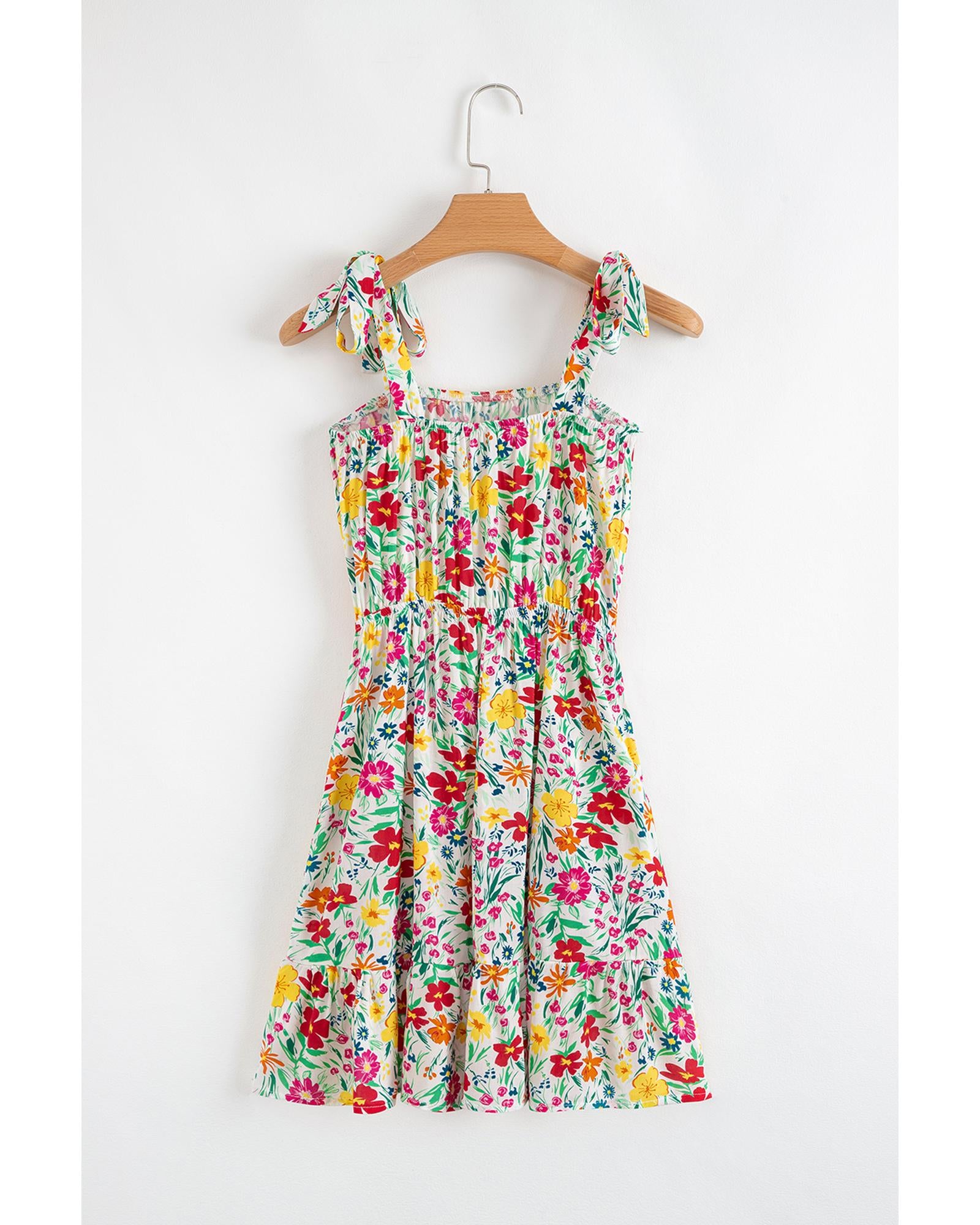 Red Floral Knotted Straps Cinched Waist Ruffle Hem Mini Dress - S 7