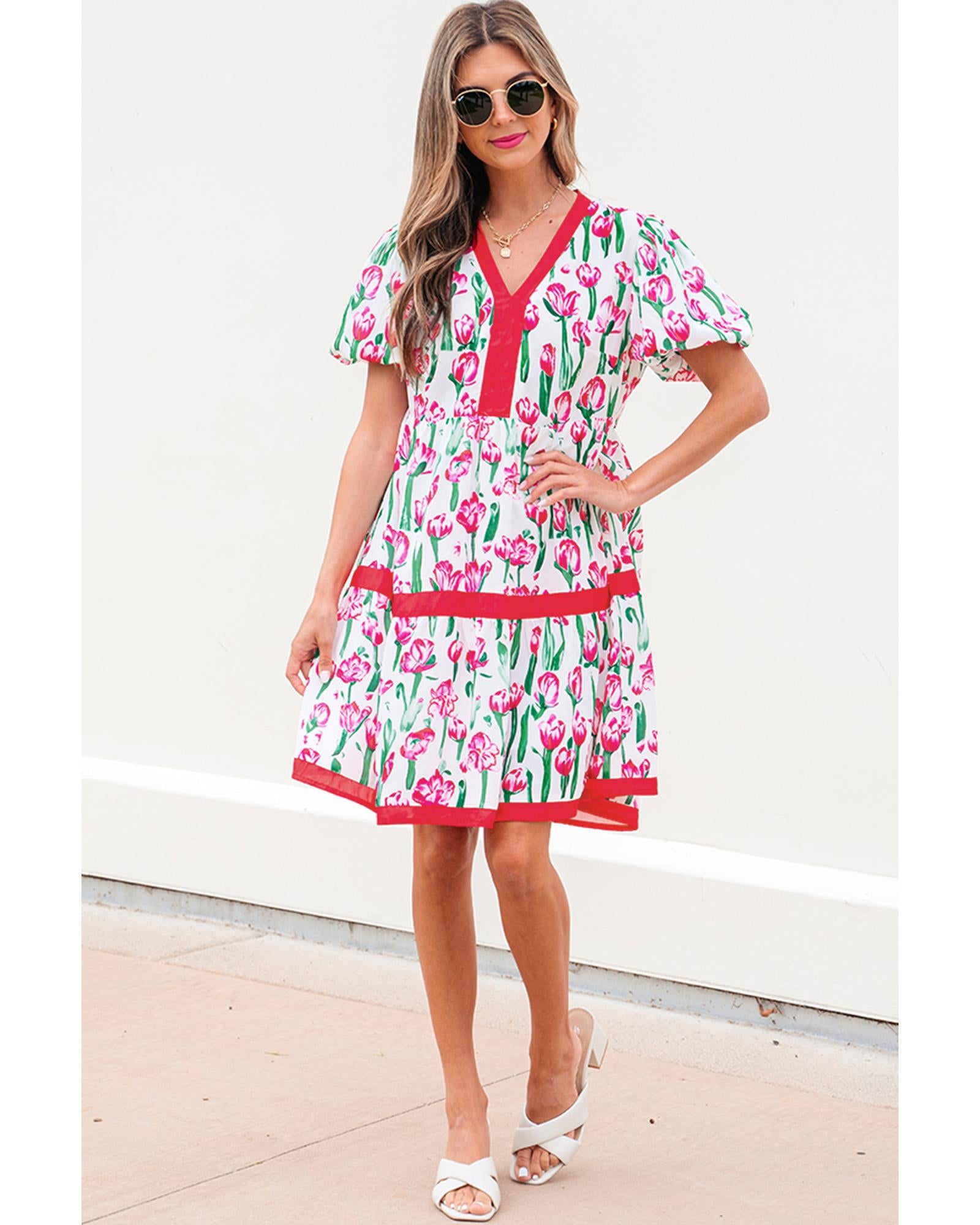 Pink Floral Print Contrast Trim V Neck Bubble Short Sleeve Babydoll Dress - L 5