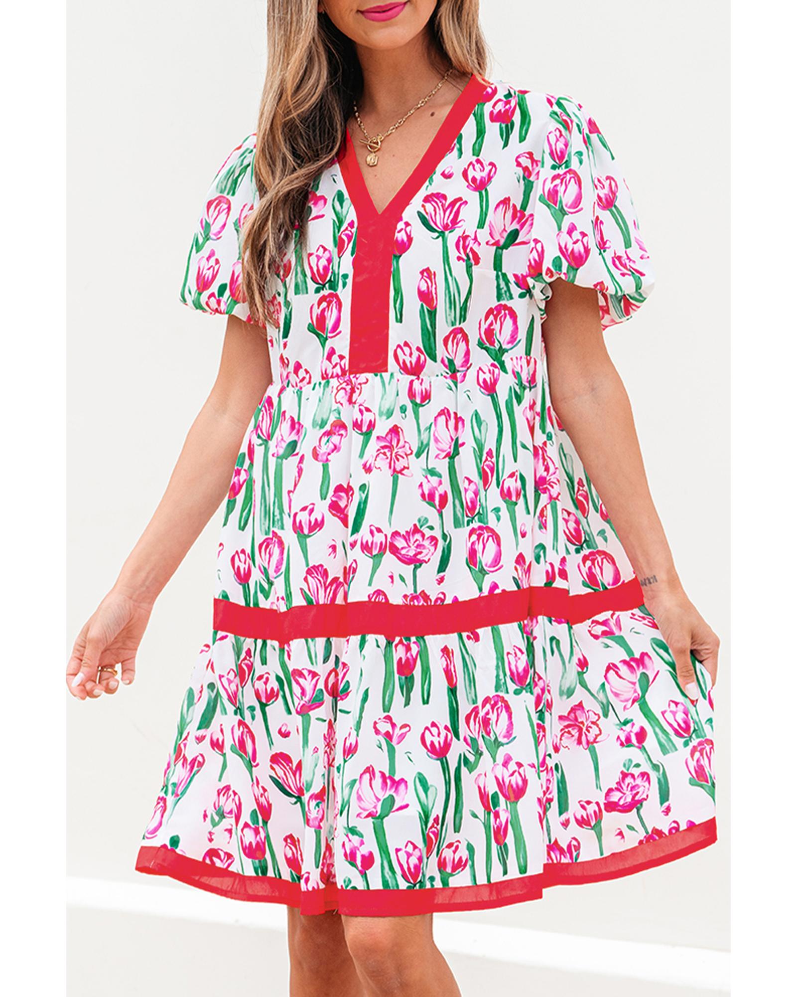 Pink Floral Print Contrast Trim V Neck Bubble Short Sleeve Babydoll Dress - L 6