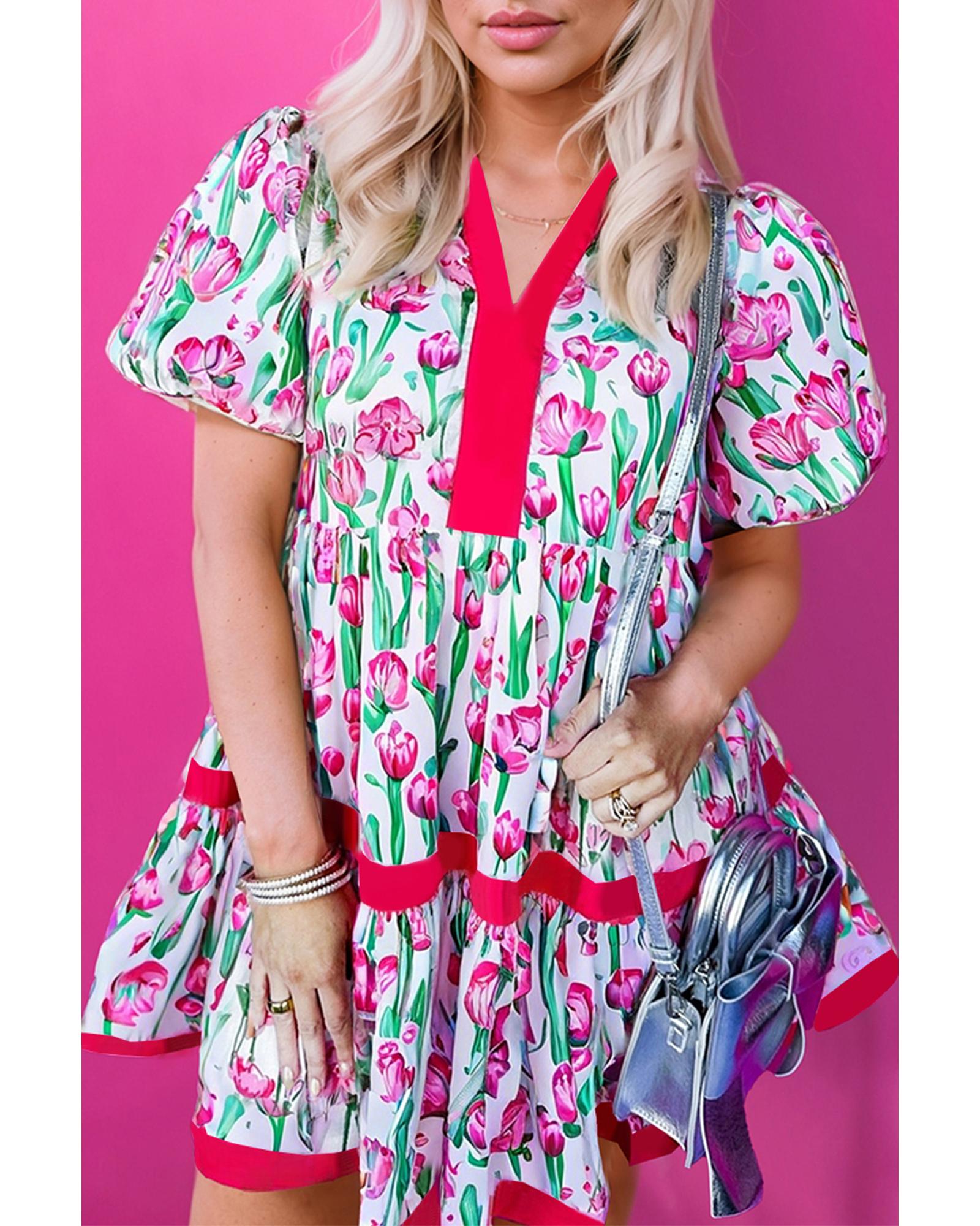 Pink Floral Print Contrast Trim V Neck Bubble Short Sleeve Babydoll Dress - L 7