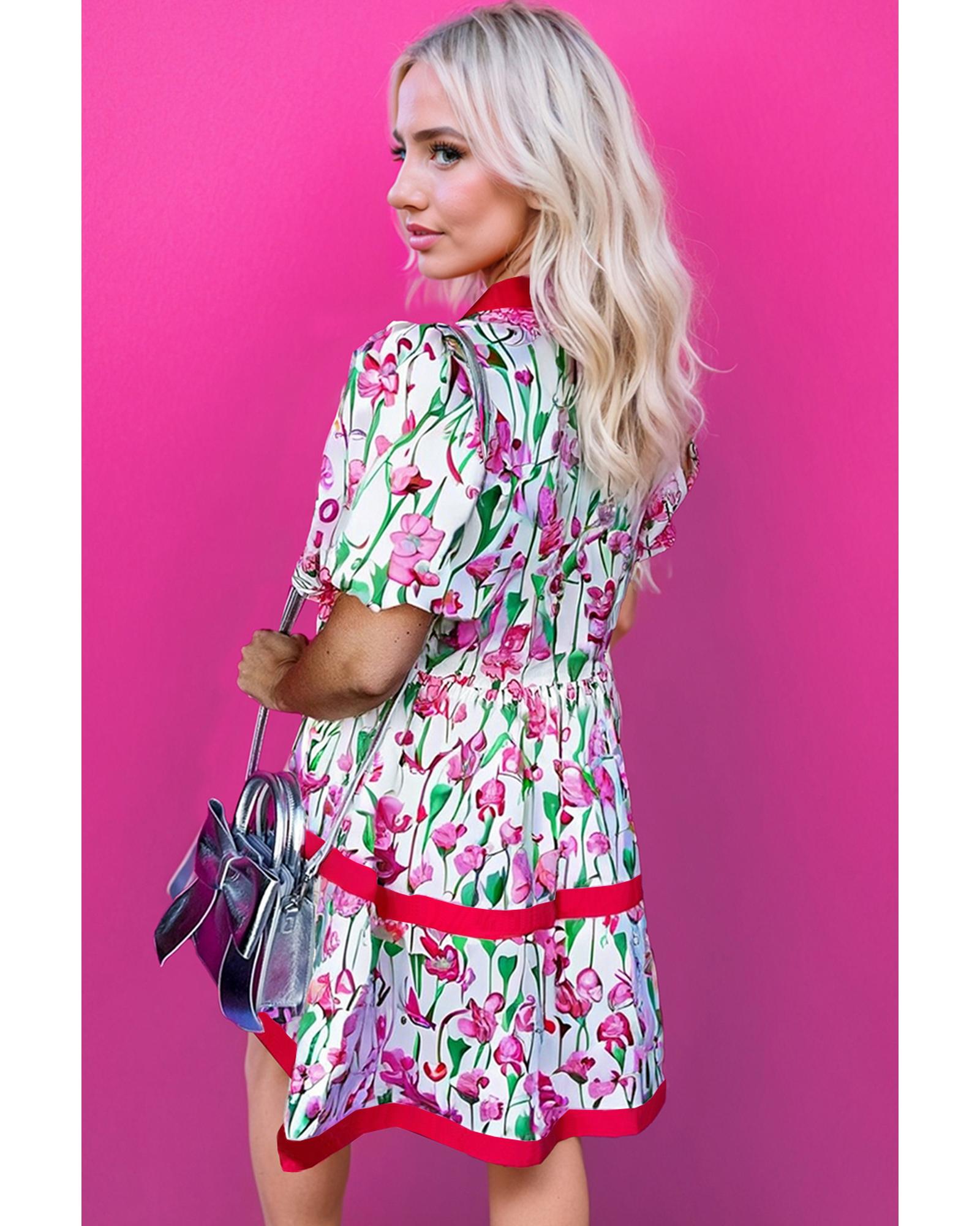 Pink Floral Print Contrast Trim V Neck Bubble Short Sleeve Babydoll Dress - L 8